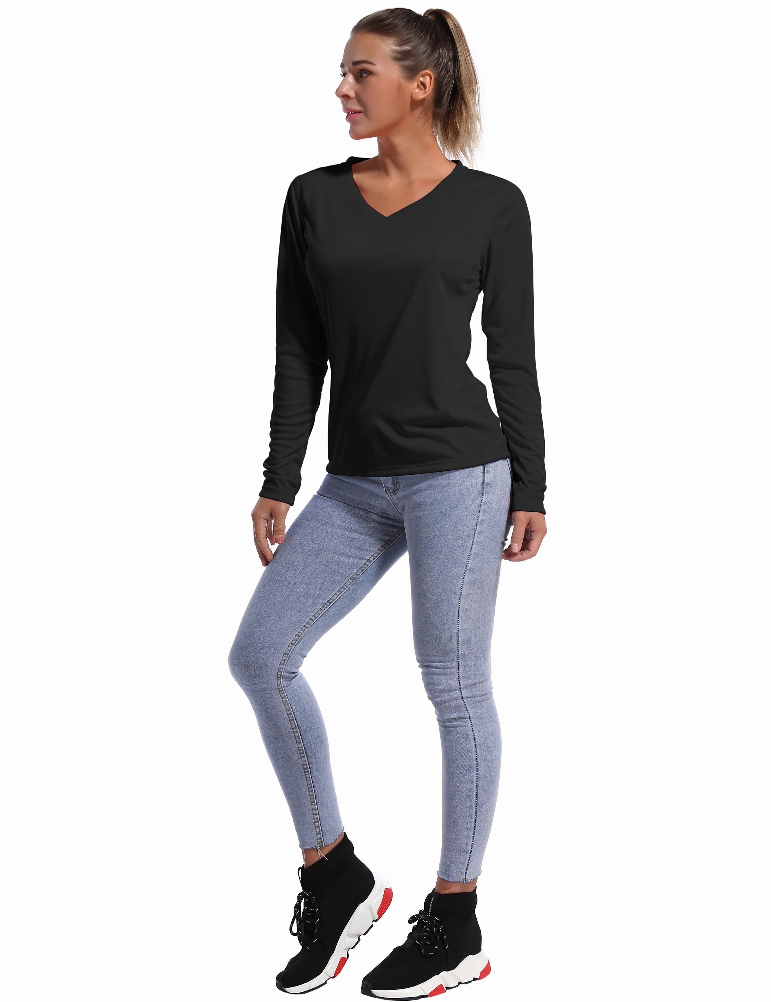 V Neck Long Sleeve Athletic Shirts black_Tall Size