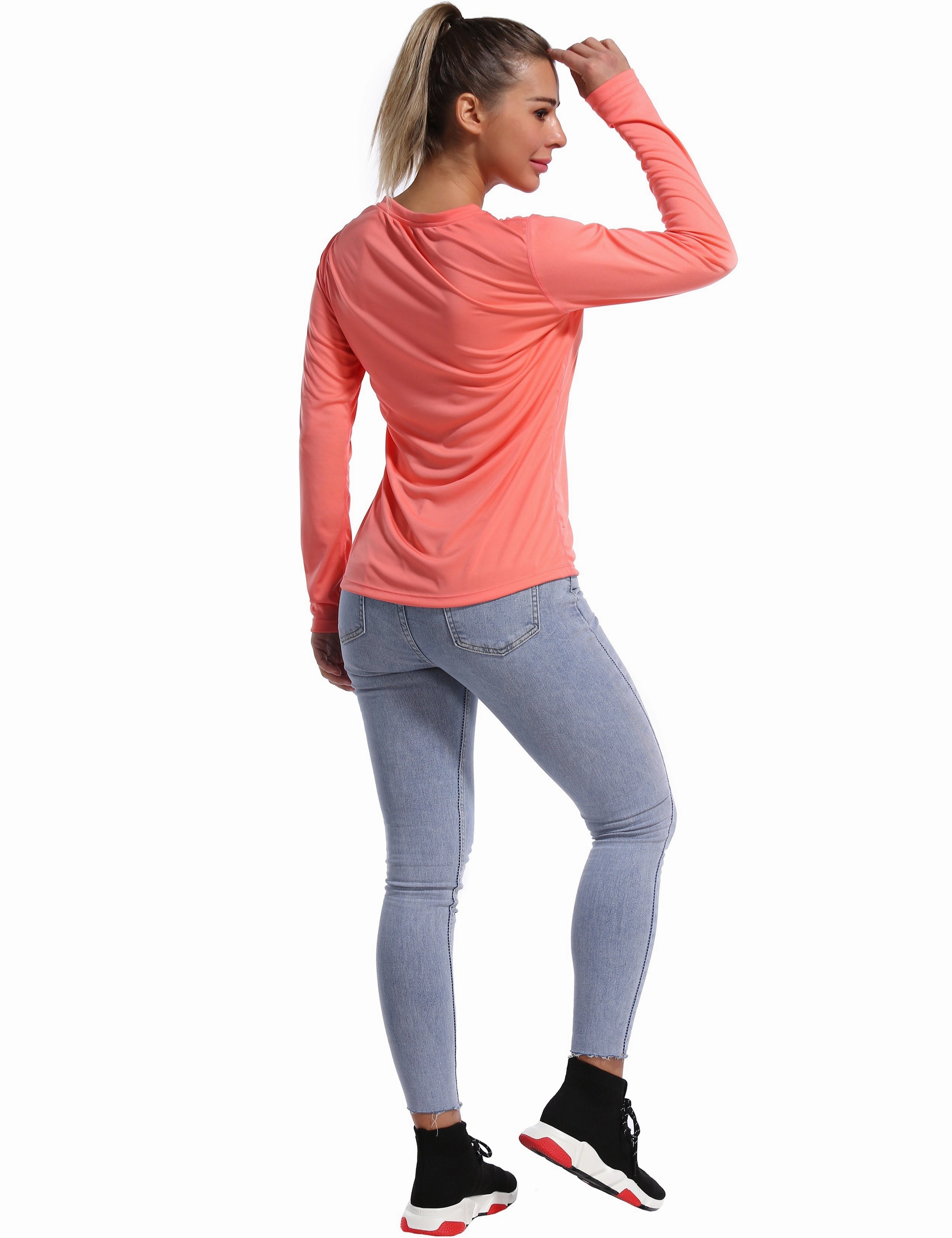 V Neck Long Sleeve Athletic Shirts coral_Tall Size