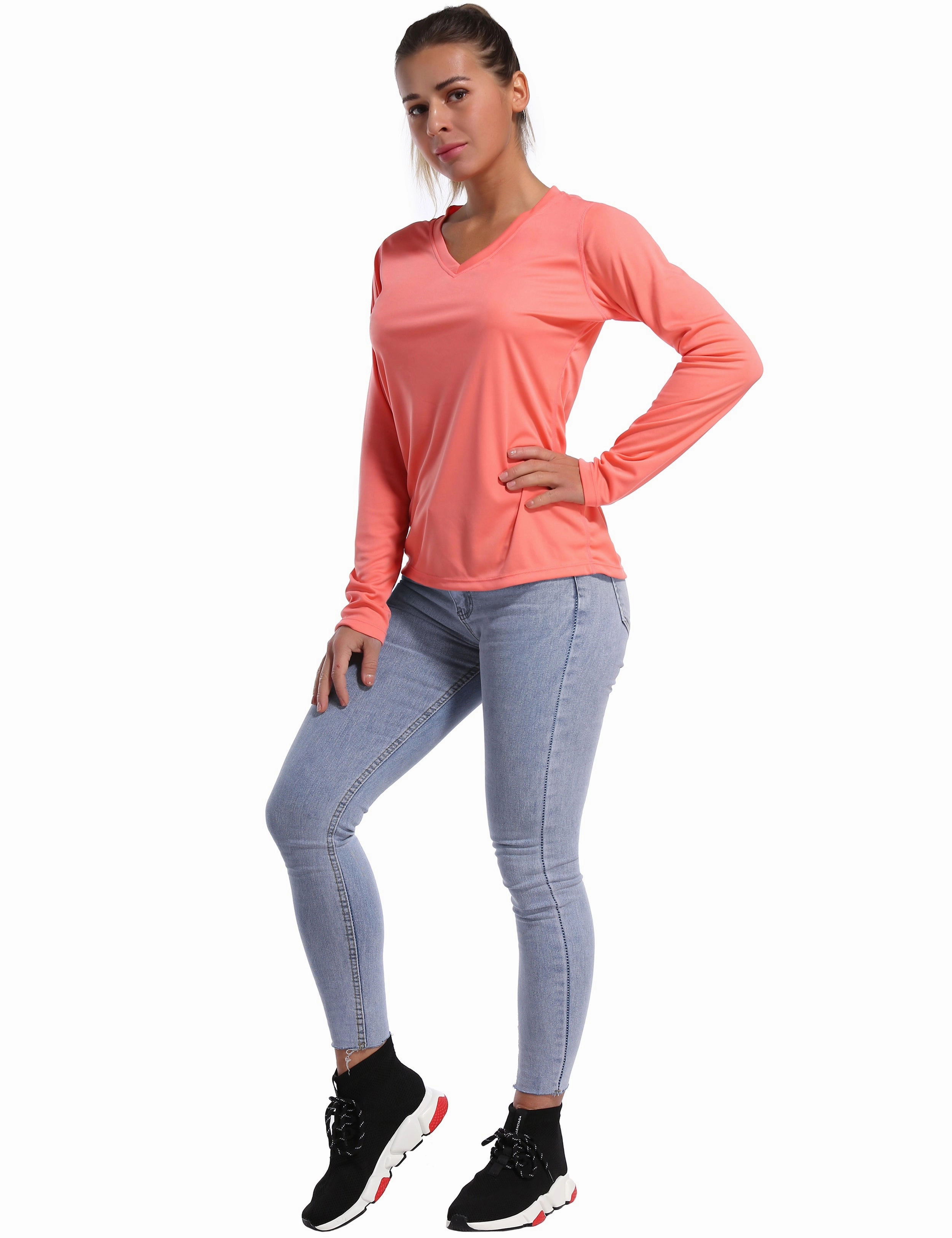 V Neck Long Sleeve Athletic Shirts coral_Tall Size