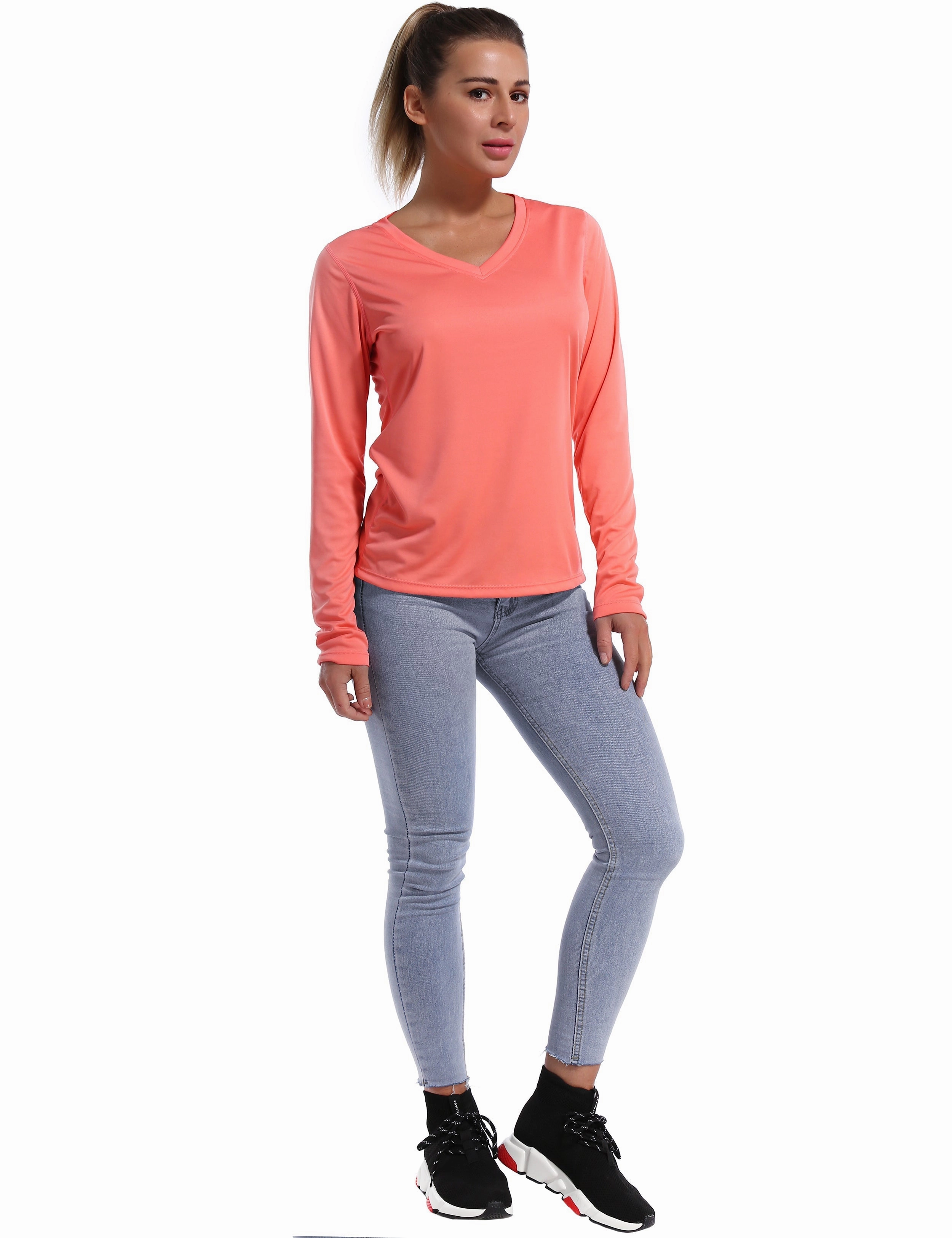 V Neck Long Sleeve Athletic Shirts coral_Tall Size
