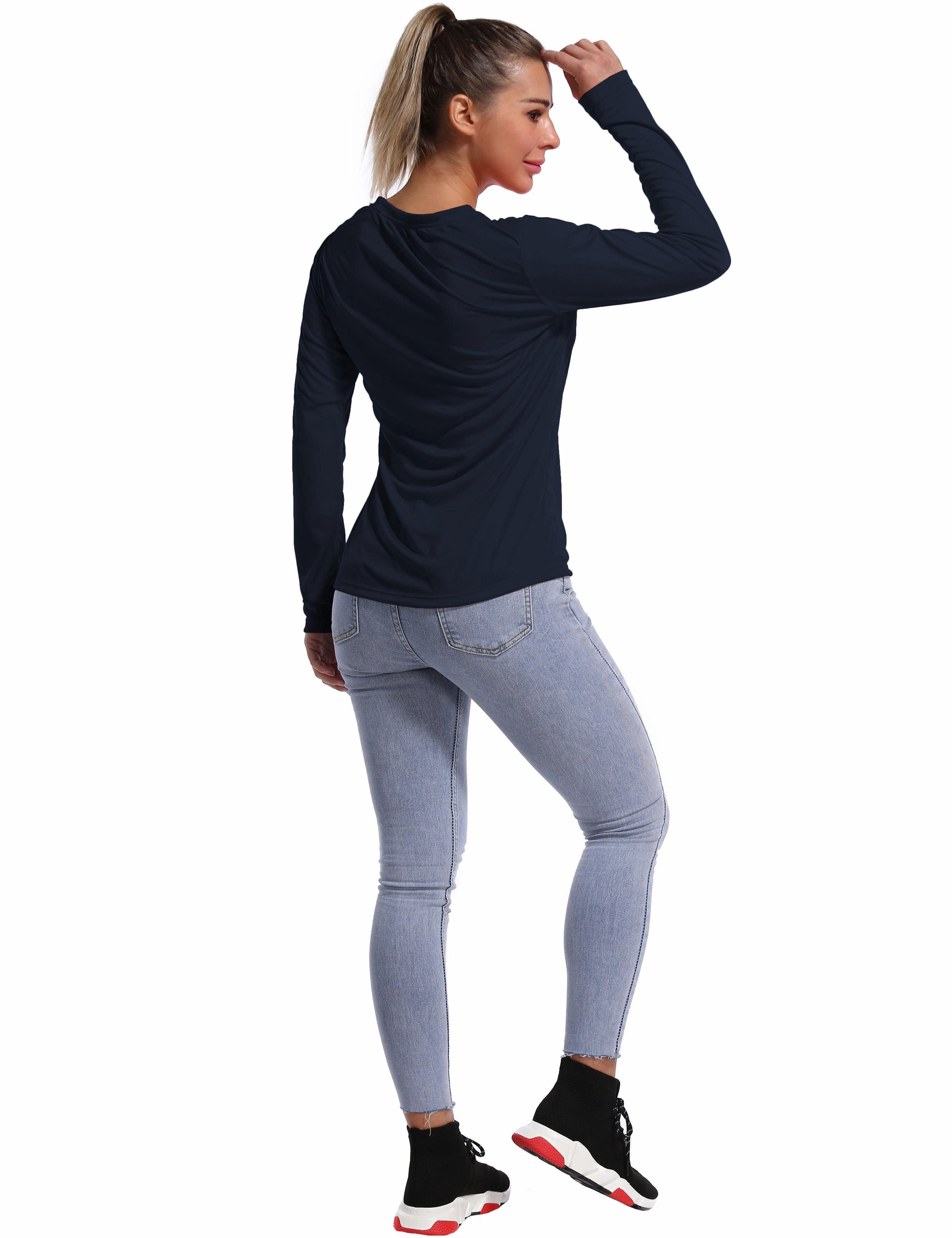 V Neck Long Sleeve Athletic Shirts darknavy_yoga