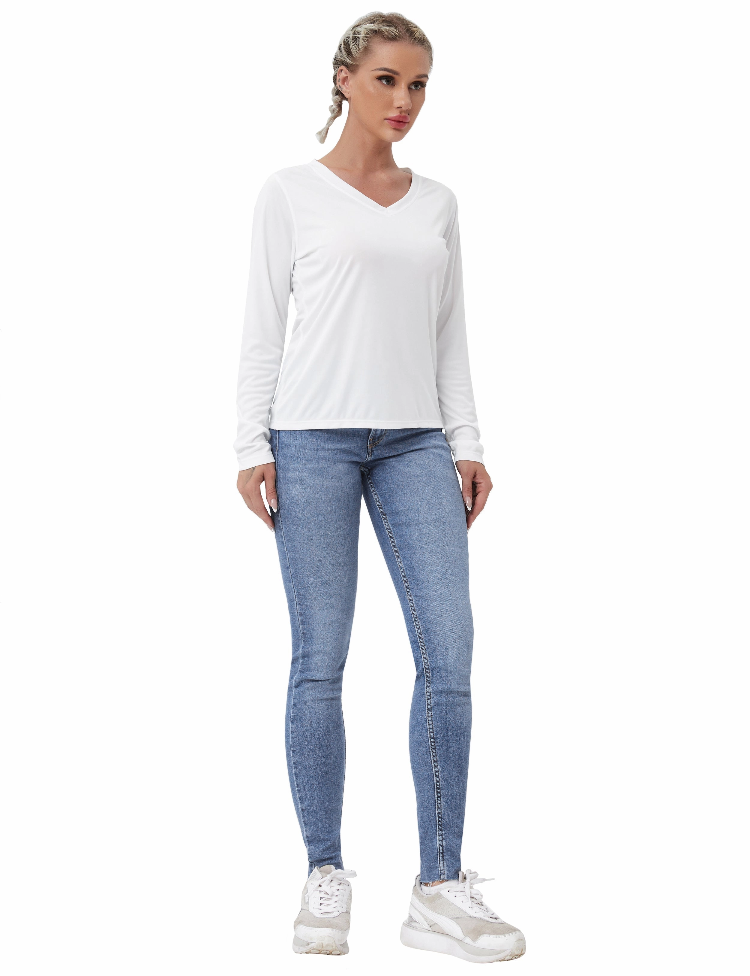 V Neck Long Sleeve Athletic Shirts white_Running