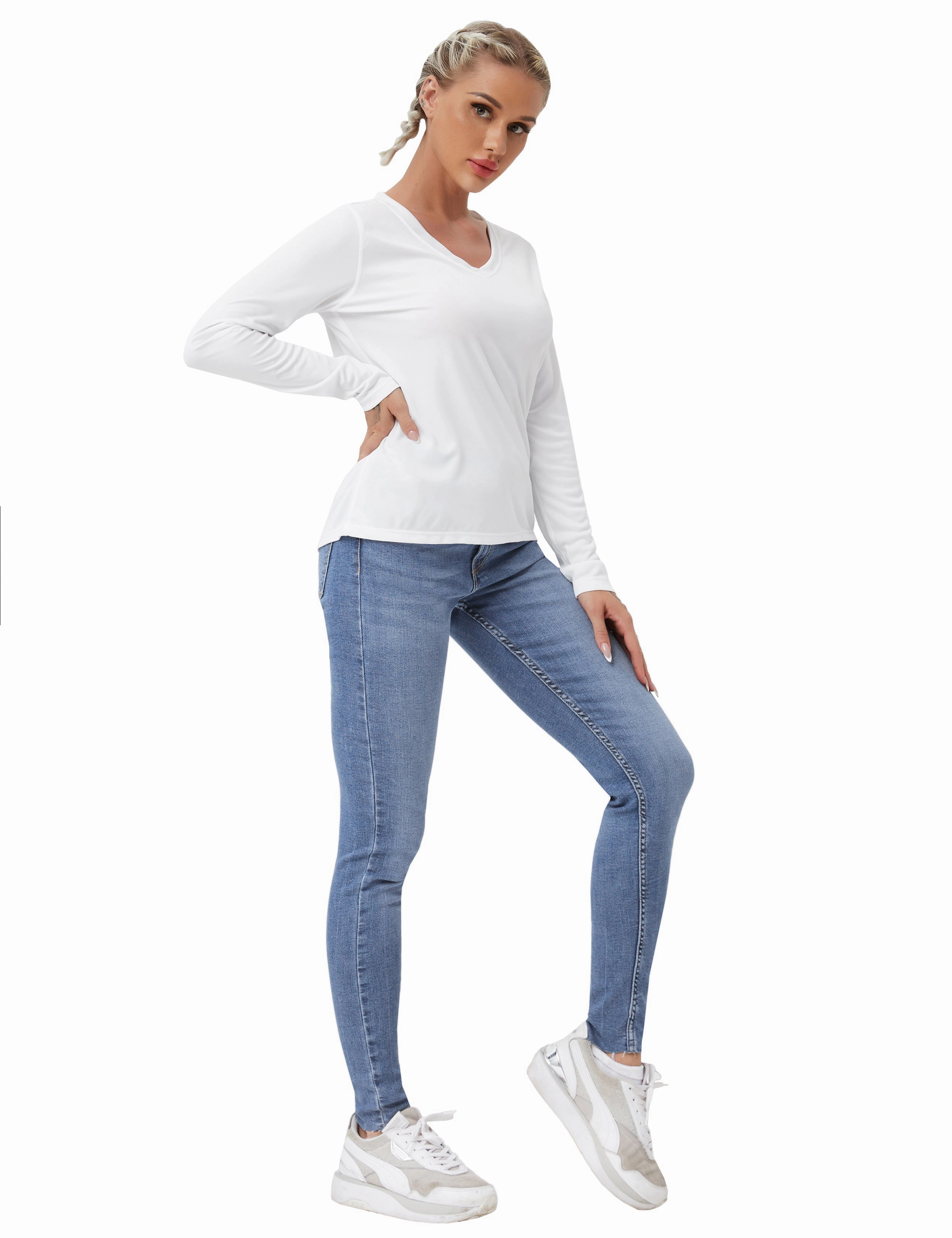 V Neck Long Sleeve Athletic Shirts white_Tall Size