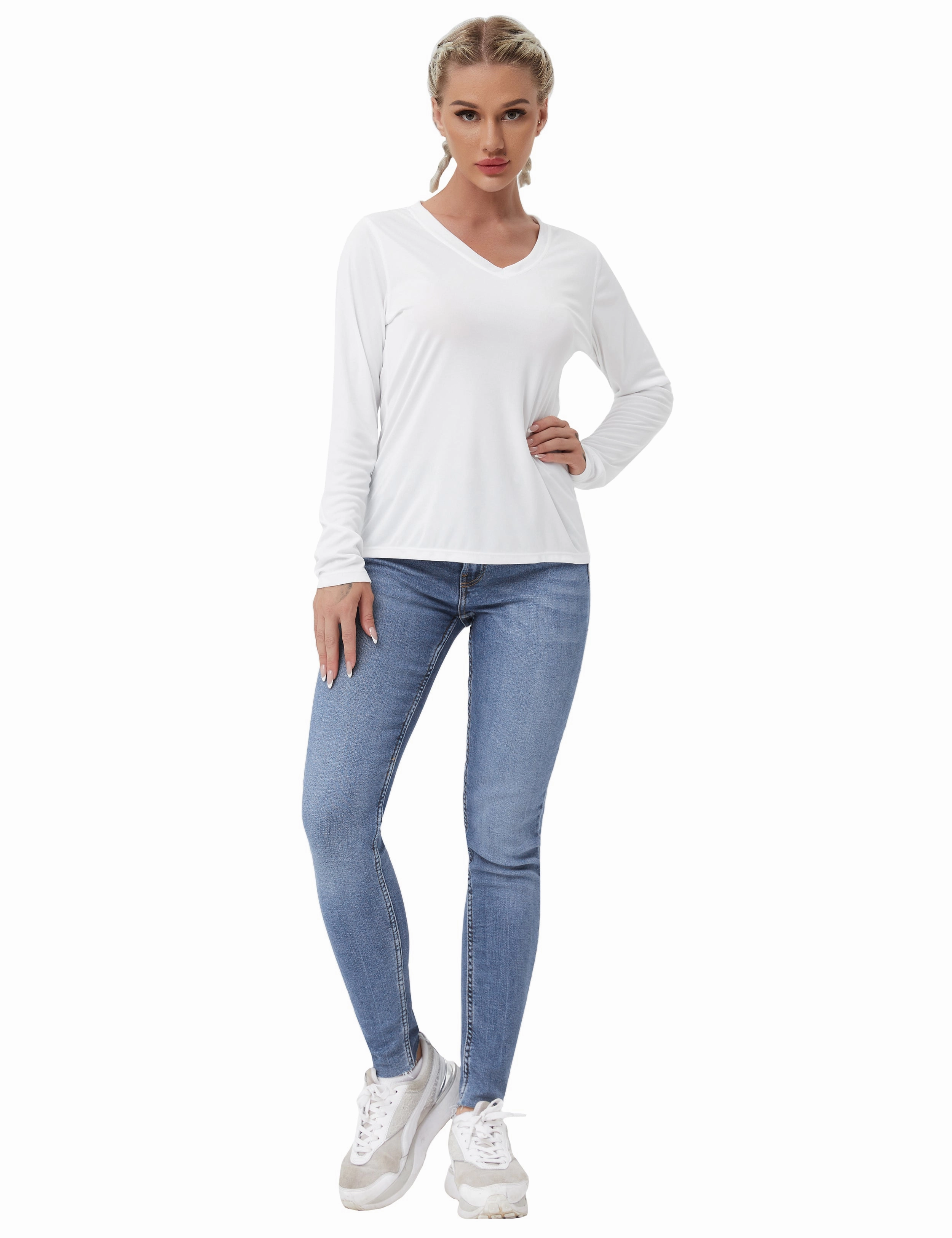 V Neck Long Sleeve Athletic Shirts white_Tall Size