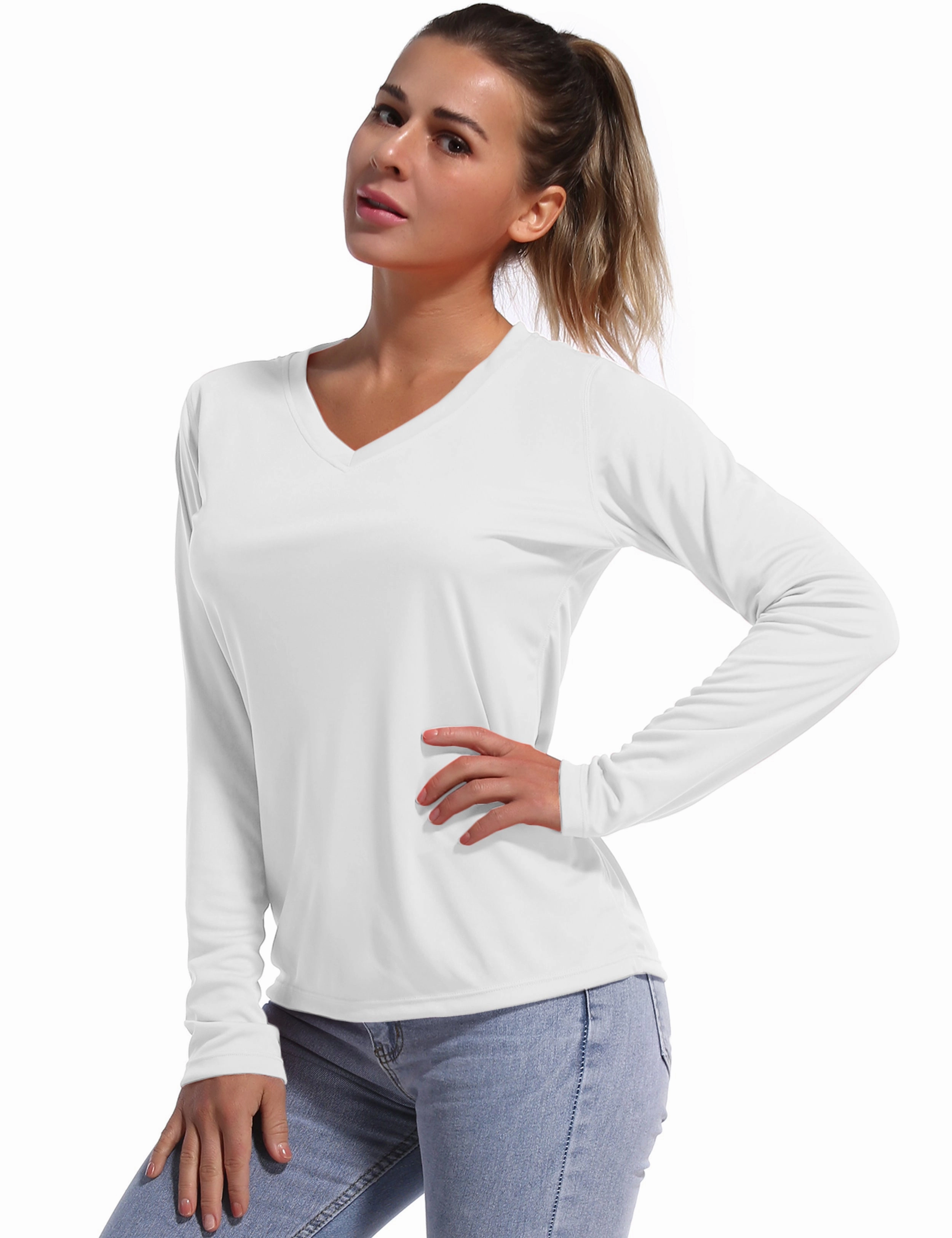 V Neck Long Sleeve Athletic Shirts white_Tall Size