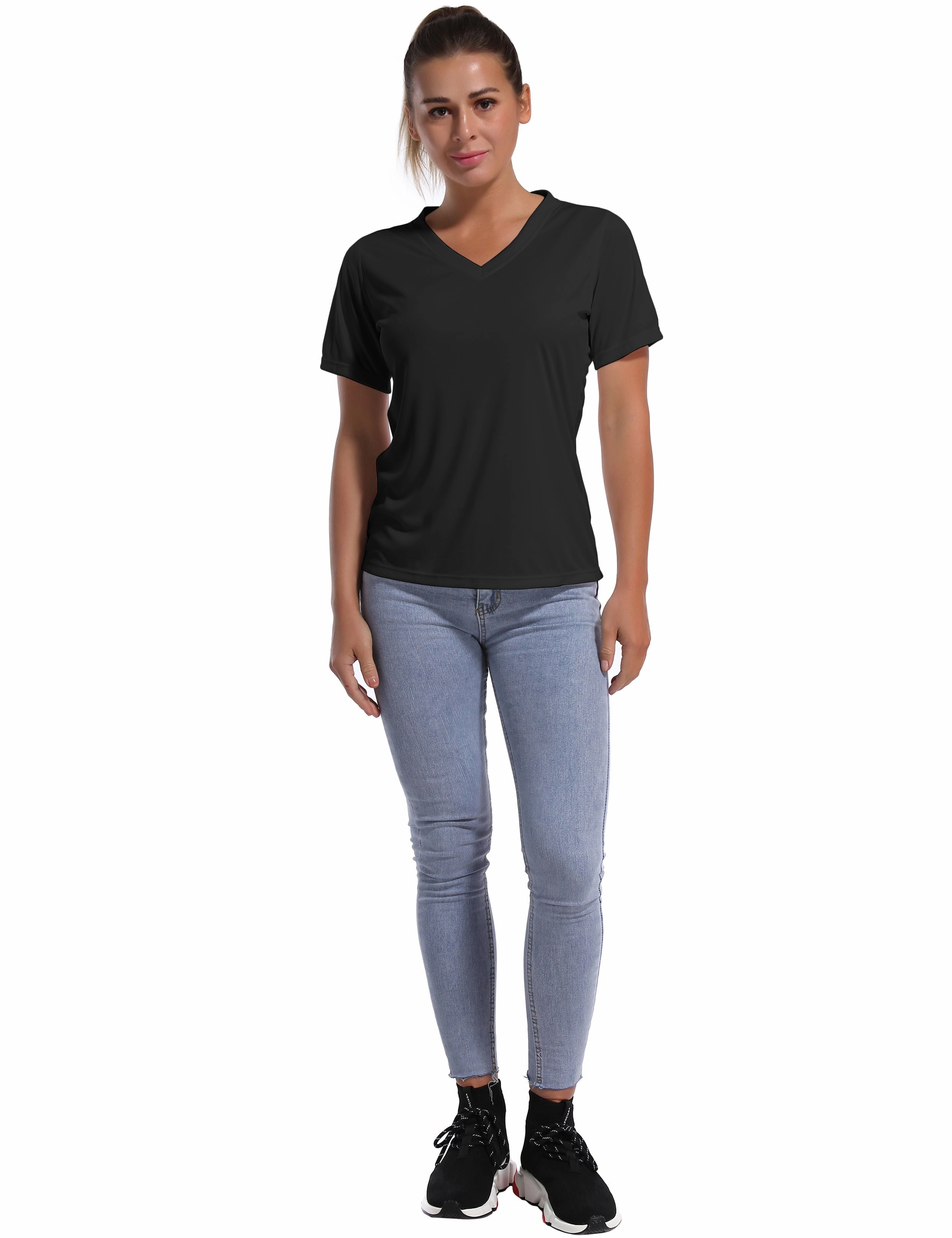 V-Neck Short Sleeve Athletic Shirts black_Gym