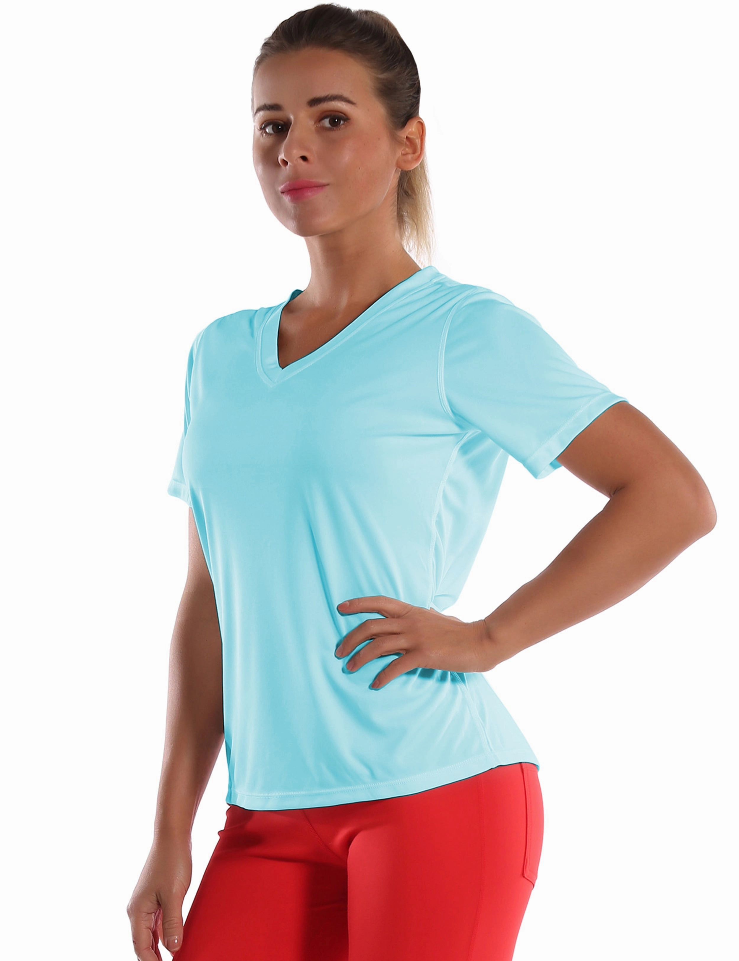 V-Neck Short Sleeve Athletic Shirts blue_Plus Size