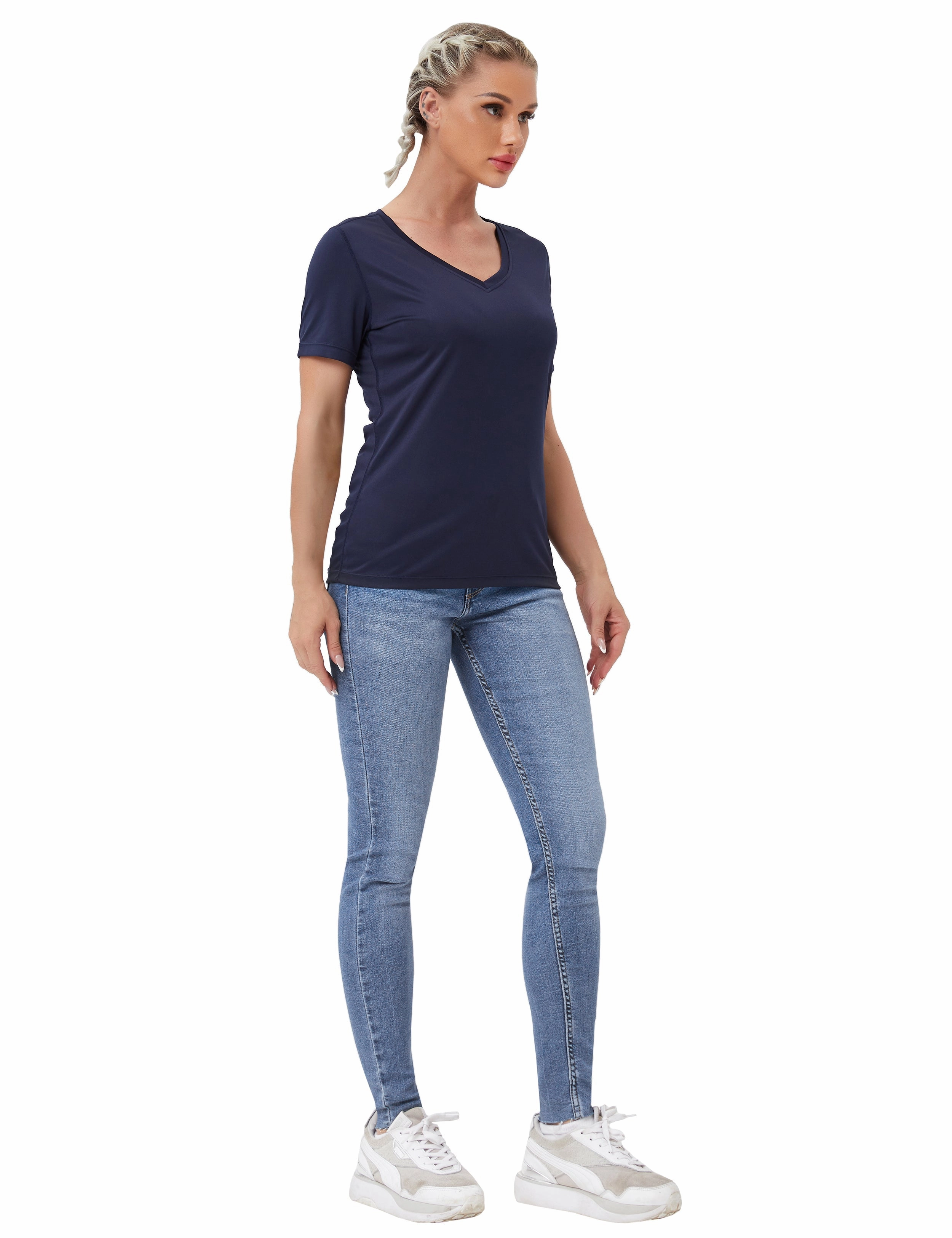 V-Neck Short Sleeve Athletic Shirts darknavy_Biking