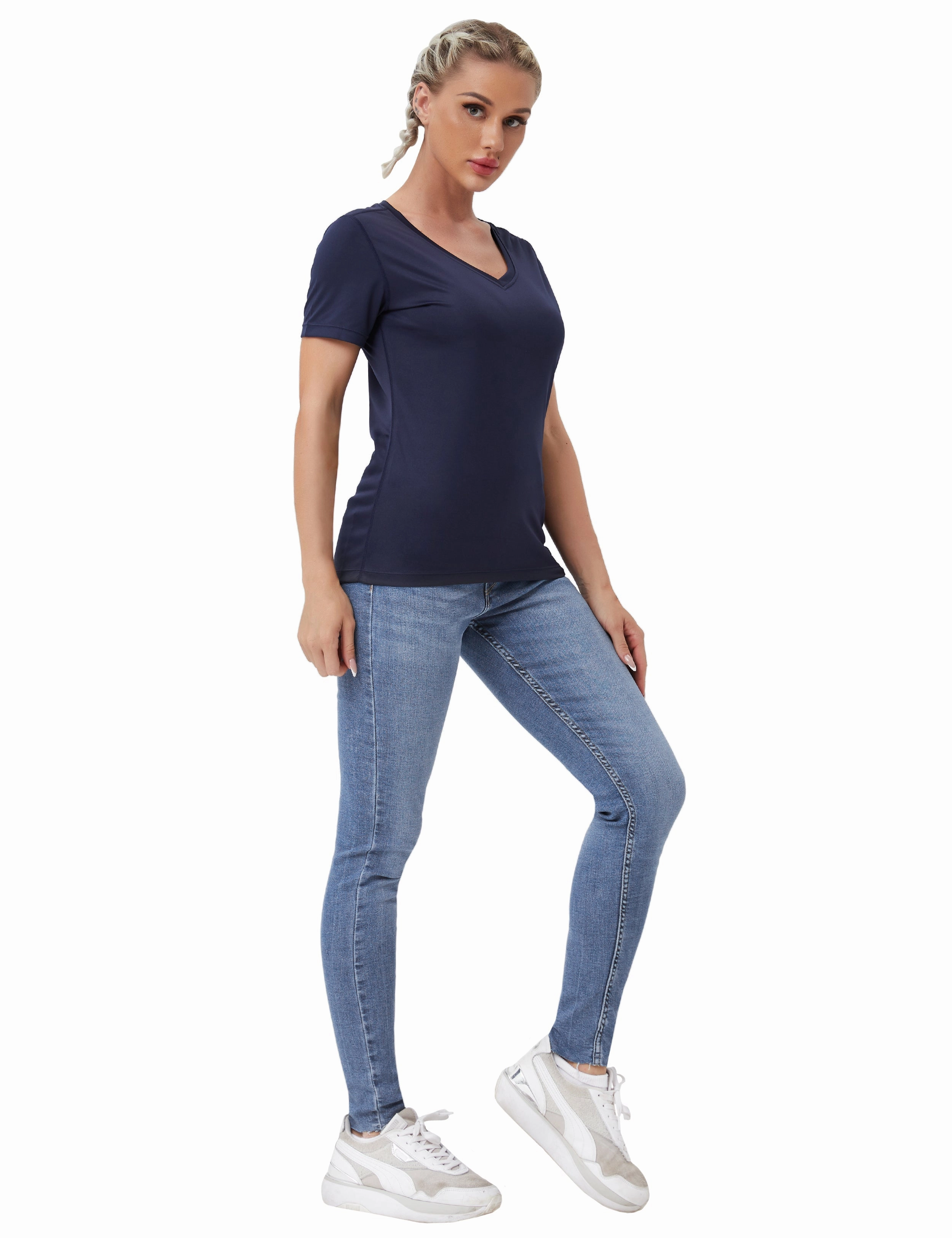 V-Neck Short Sleeve Athletic Shirts darknavy_Biking