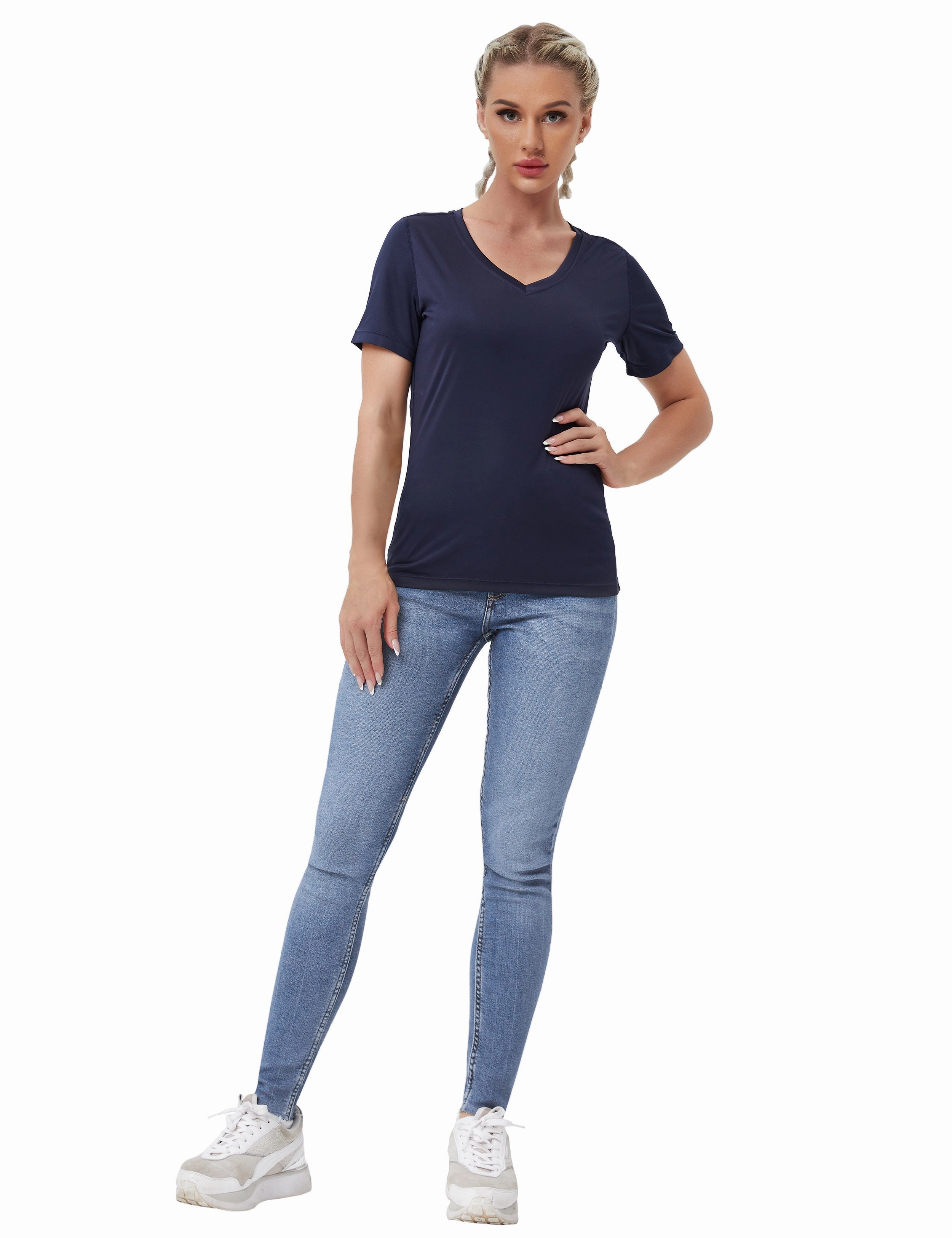 V-Neck Short Sleeve Athletic Shirts darknavy_Biking