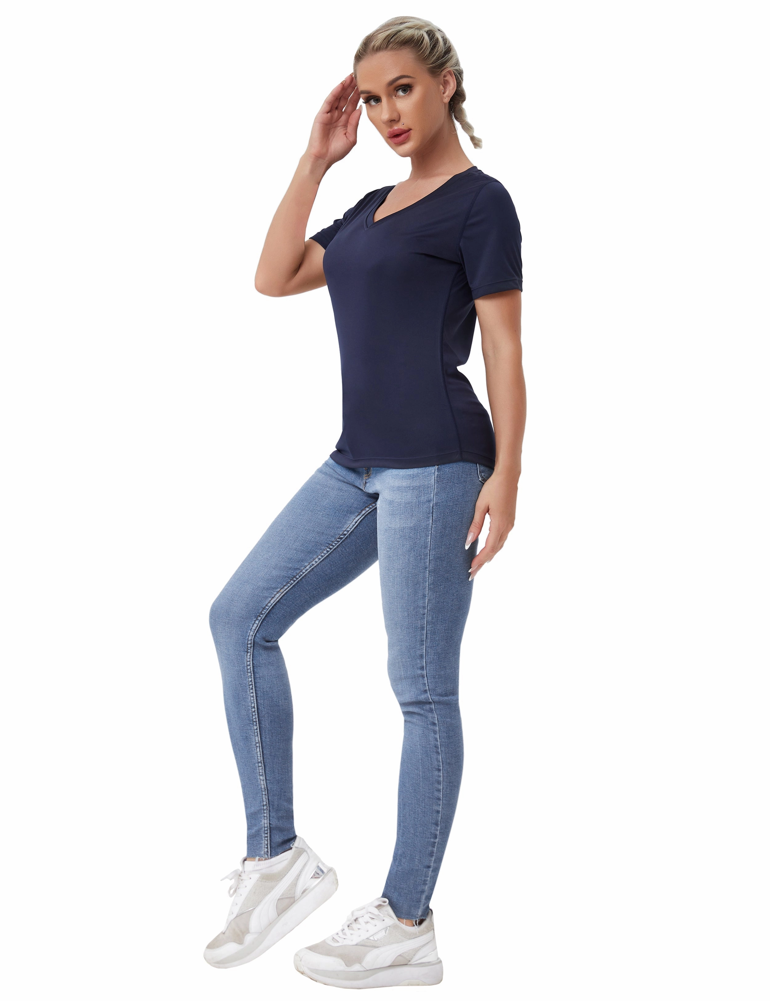 V-Neck Short Sleeve Athletic Shirts darknavy_Biking