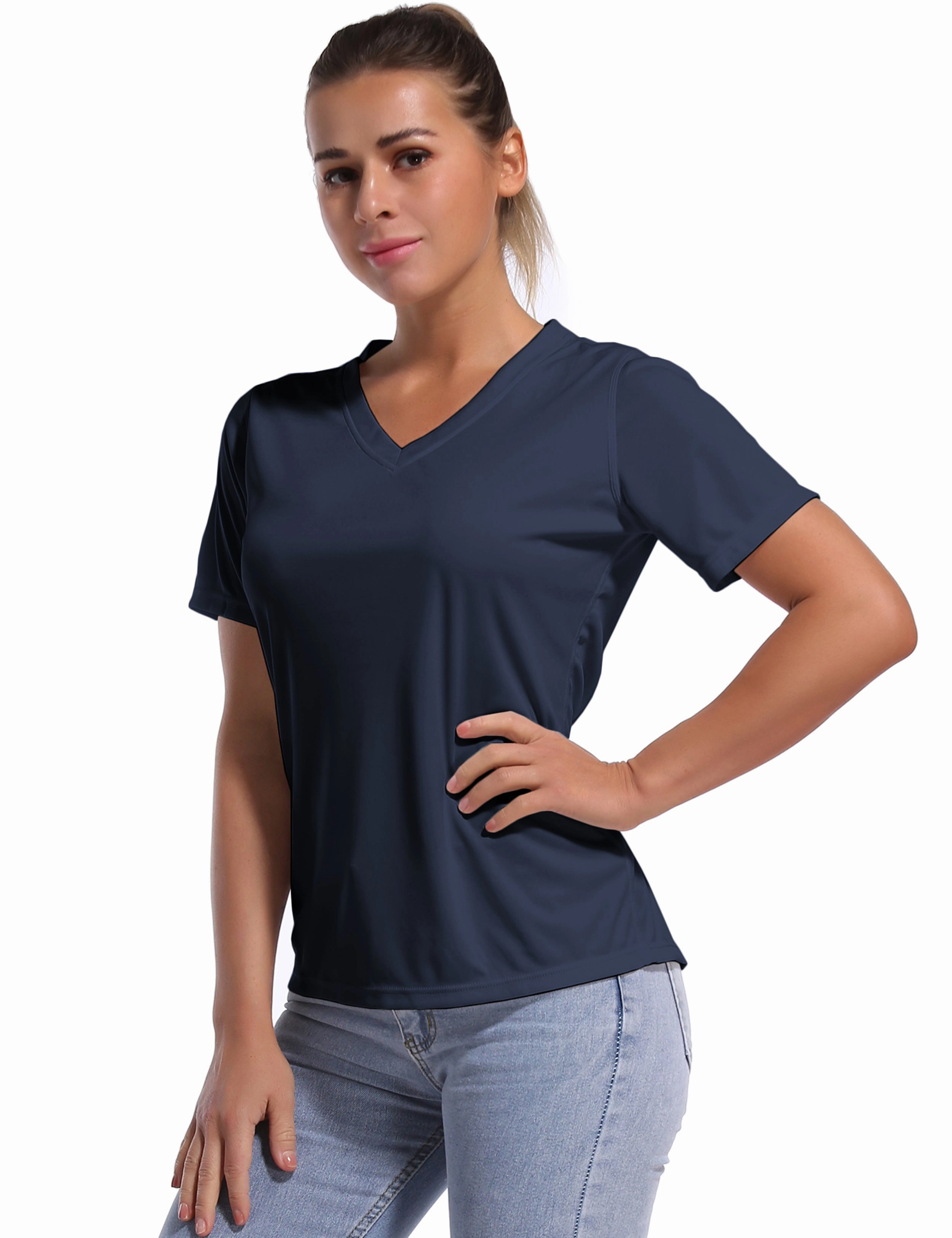 V-Neck Short Sleeve Athletic Shirts darknavy_Biking