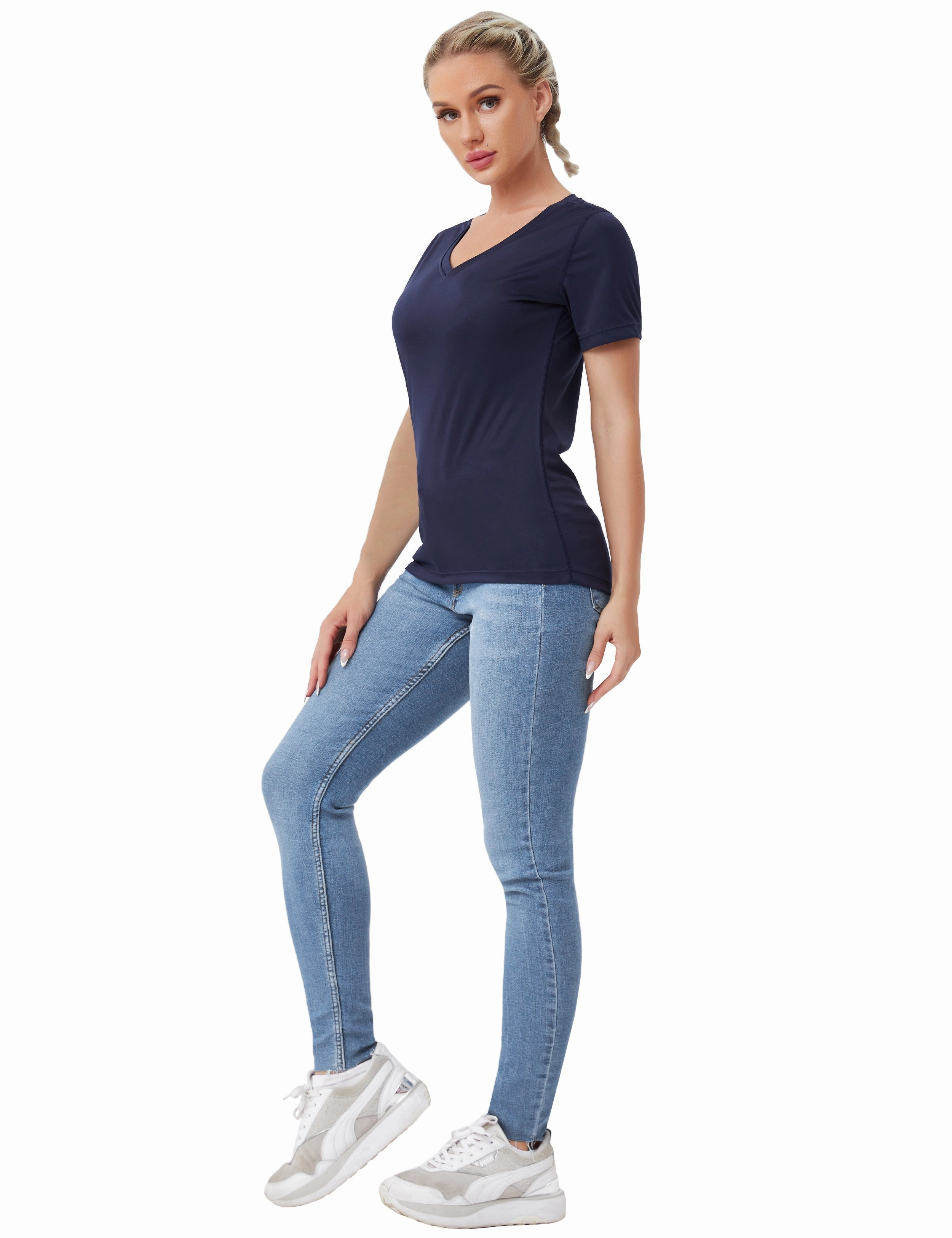 V-Neck Short Sleeve Athletic Shirts darknavy_Biking