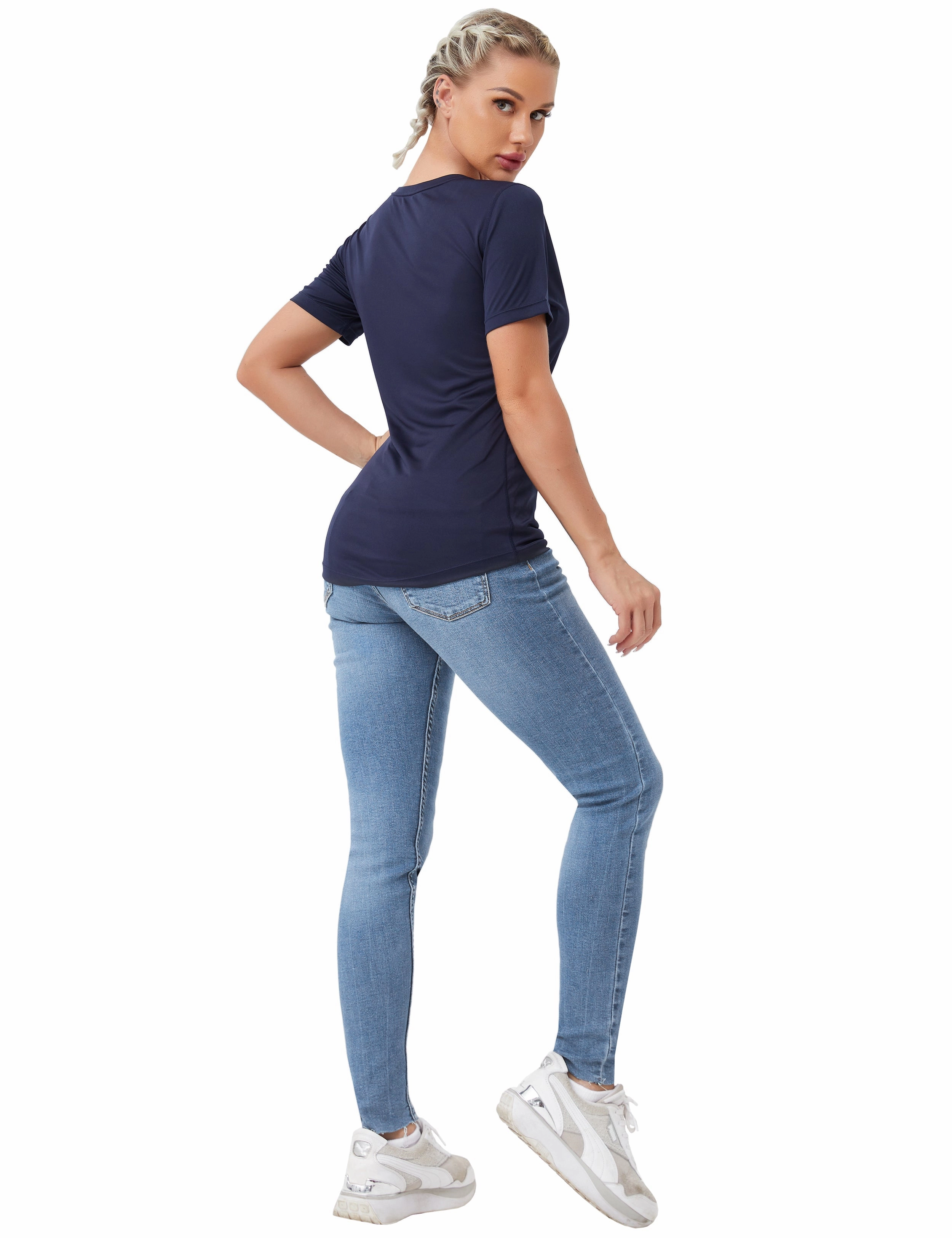 V-Neck Short Sleeve Athletic Shirts darknavy_Biking