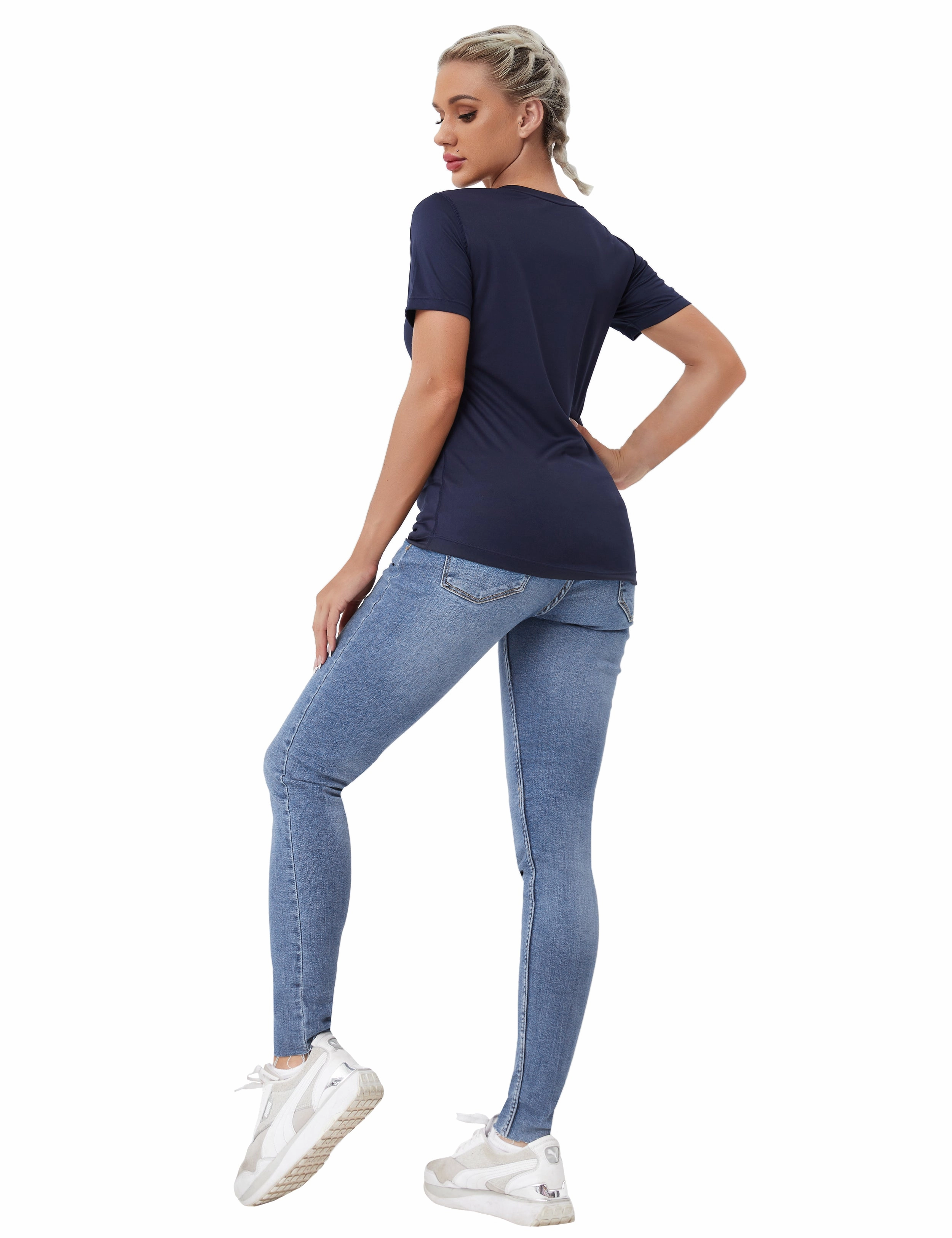 V-Neck Short Sleeve Athletic Shirts darknavy_Biking