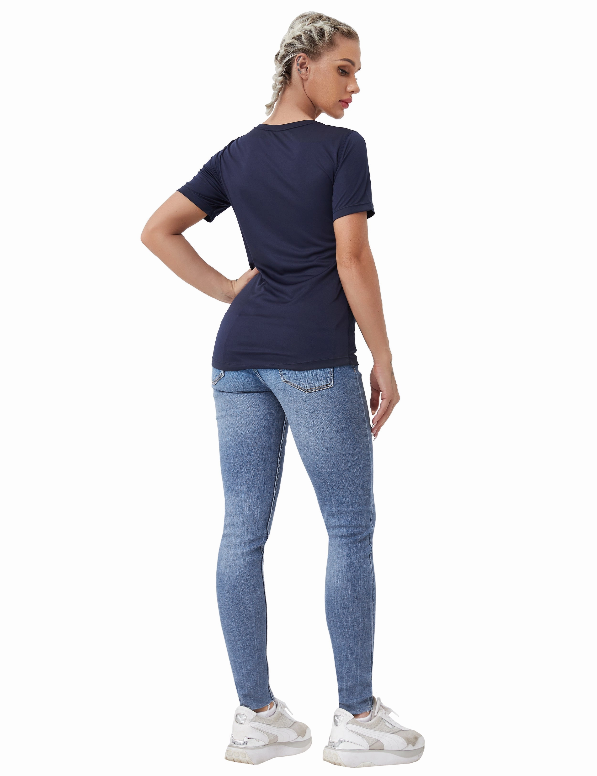V-Neck Short Sleeve Athletic Shirts darknavy_Biking