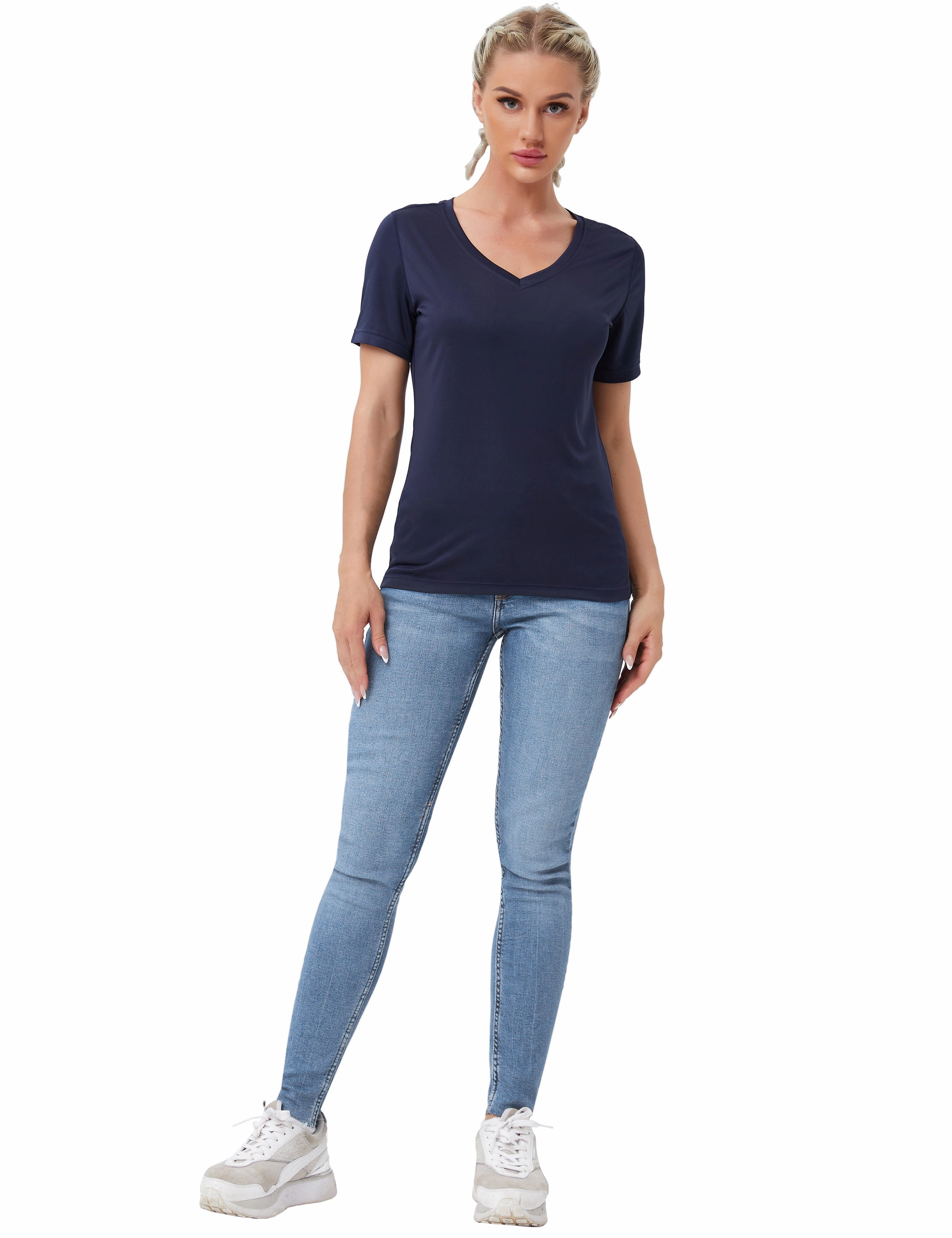 V-Neck Short Sleeve Athletic Shirts darknavy_Pilates