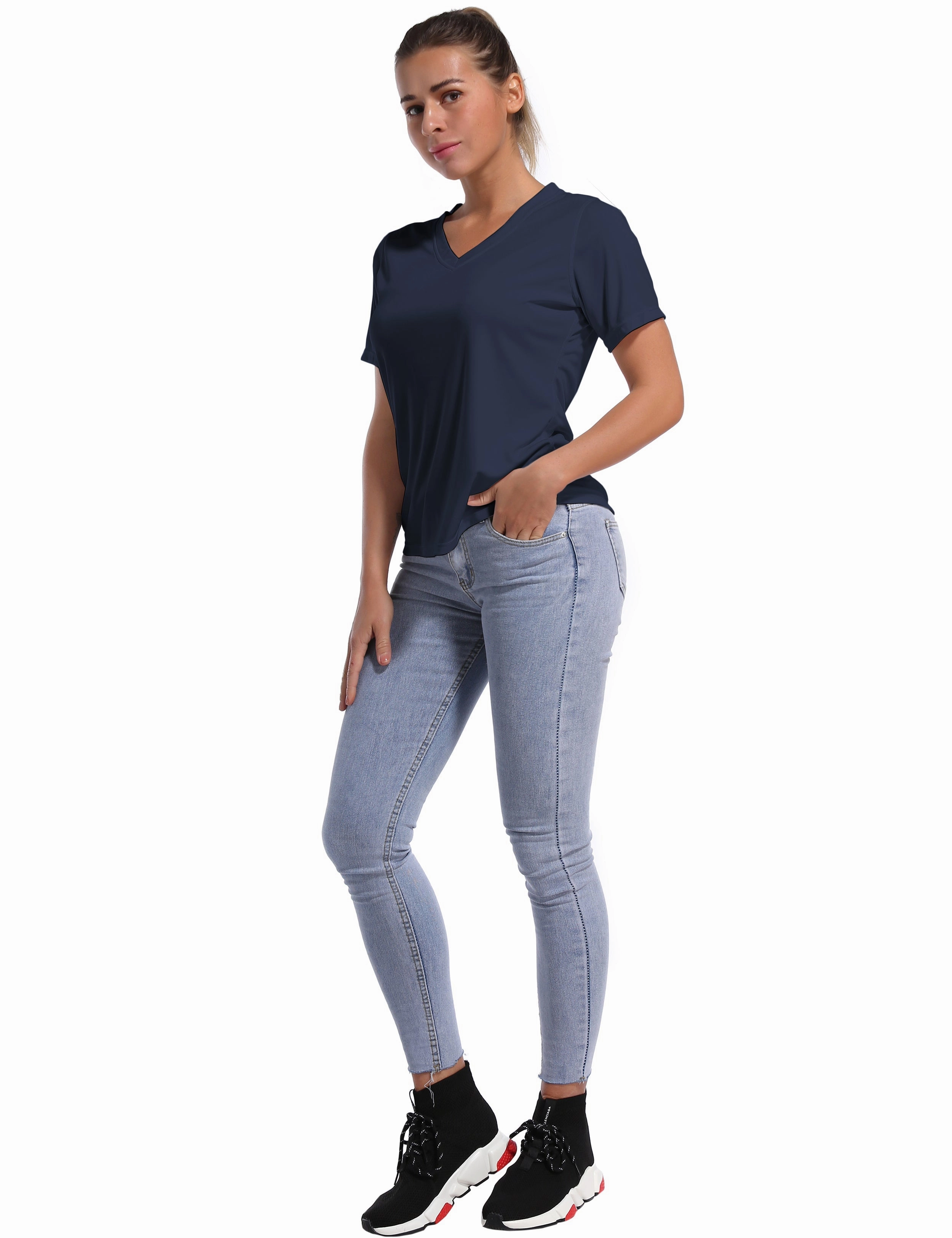 V-Neck Short Sleeve Athletic Shirts darknavy_Pilates