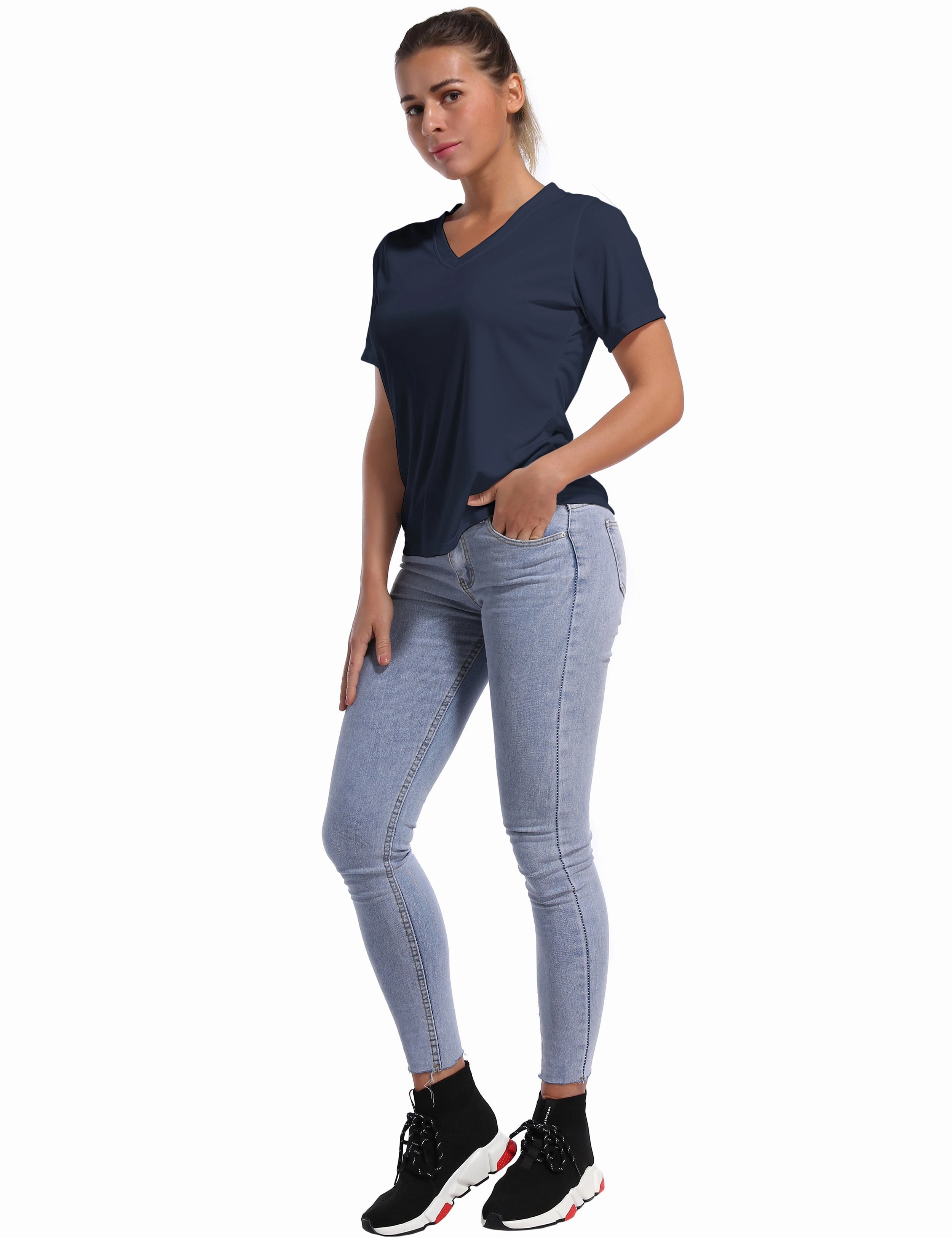 V-Neck Short Sleeve Athletic Shirts darknavy_Running