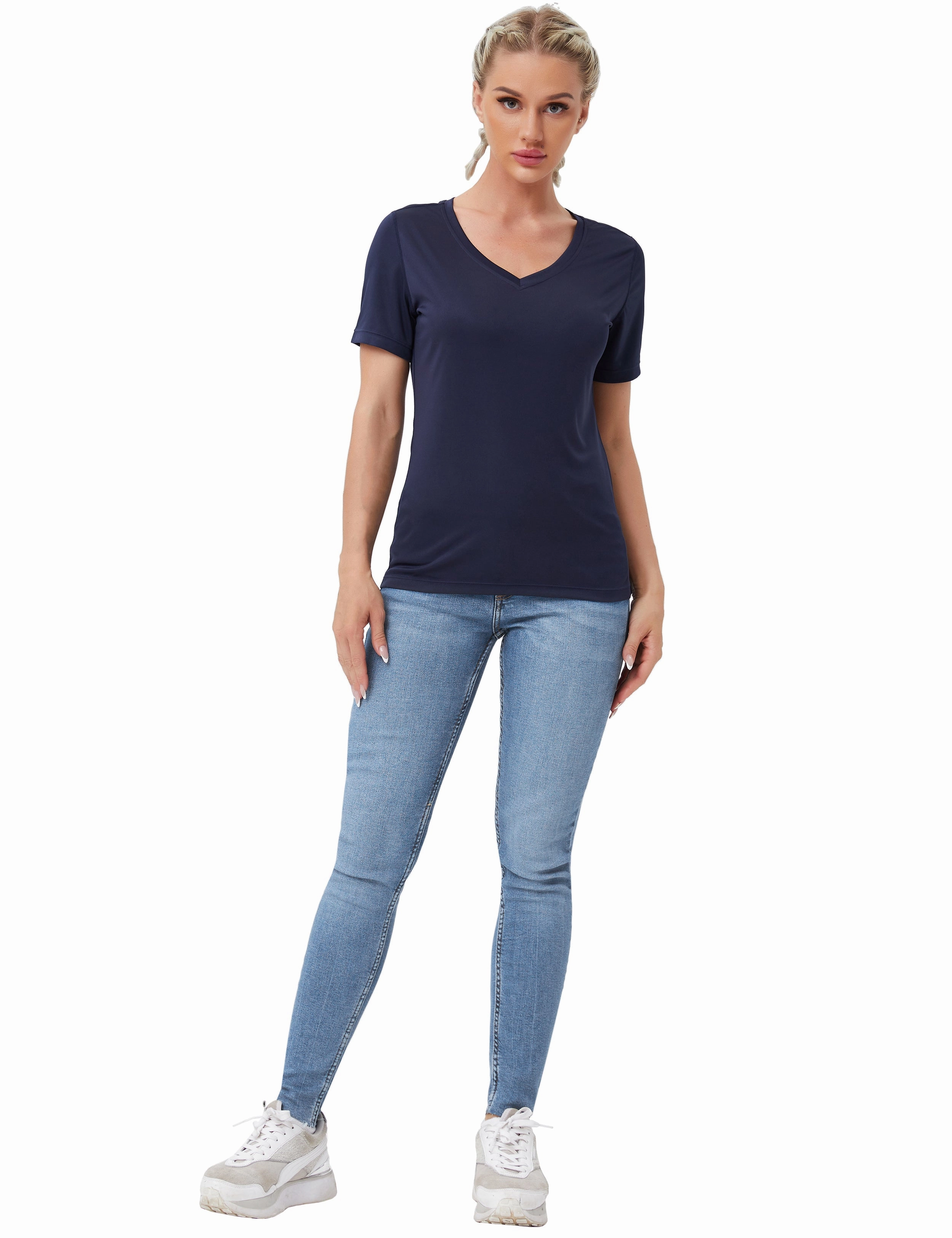 V-Neck Short Sleeve Athletic Shirts darknavy_Running