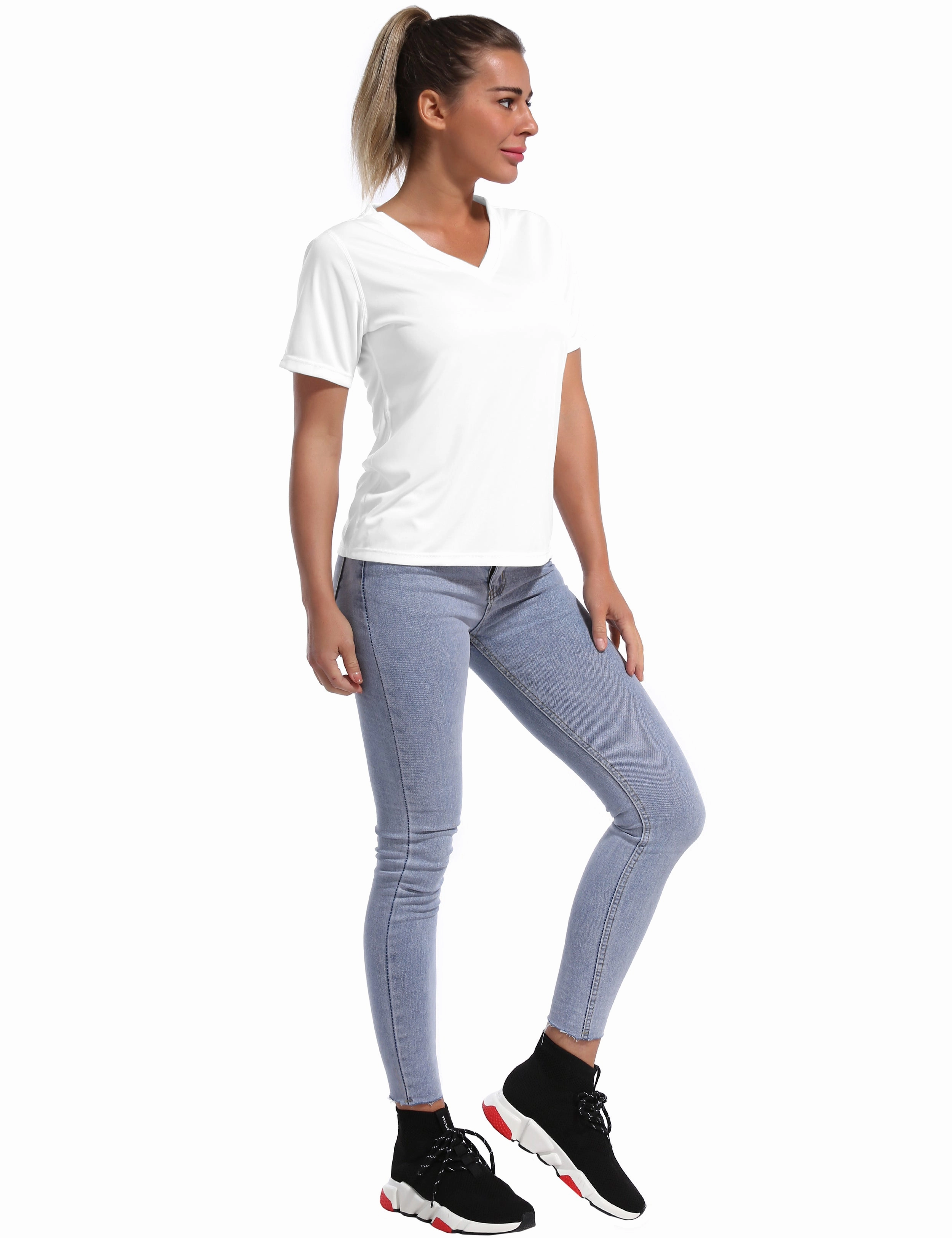 V-Neck Short Sleeve Athletic Shirts white_Gym