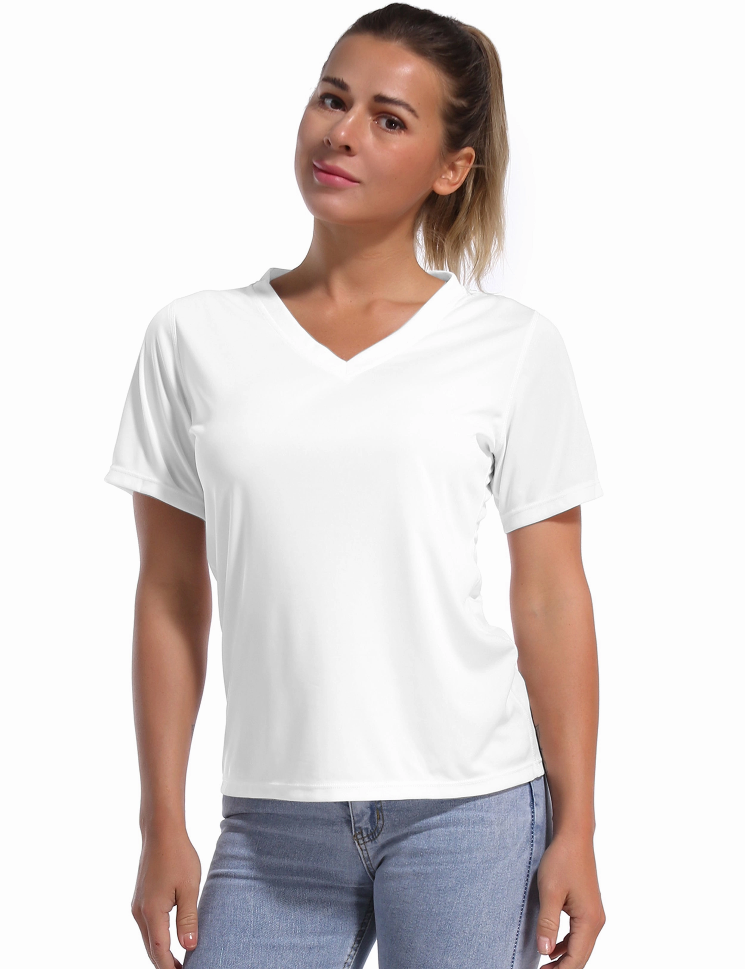 V-Neck Short Sleeve Athletic Shirts white_Gym