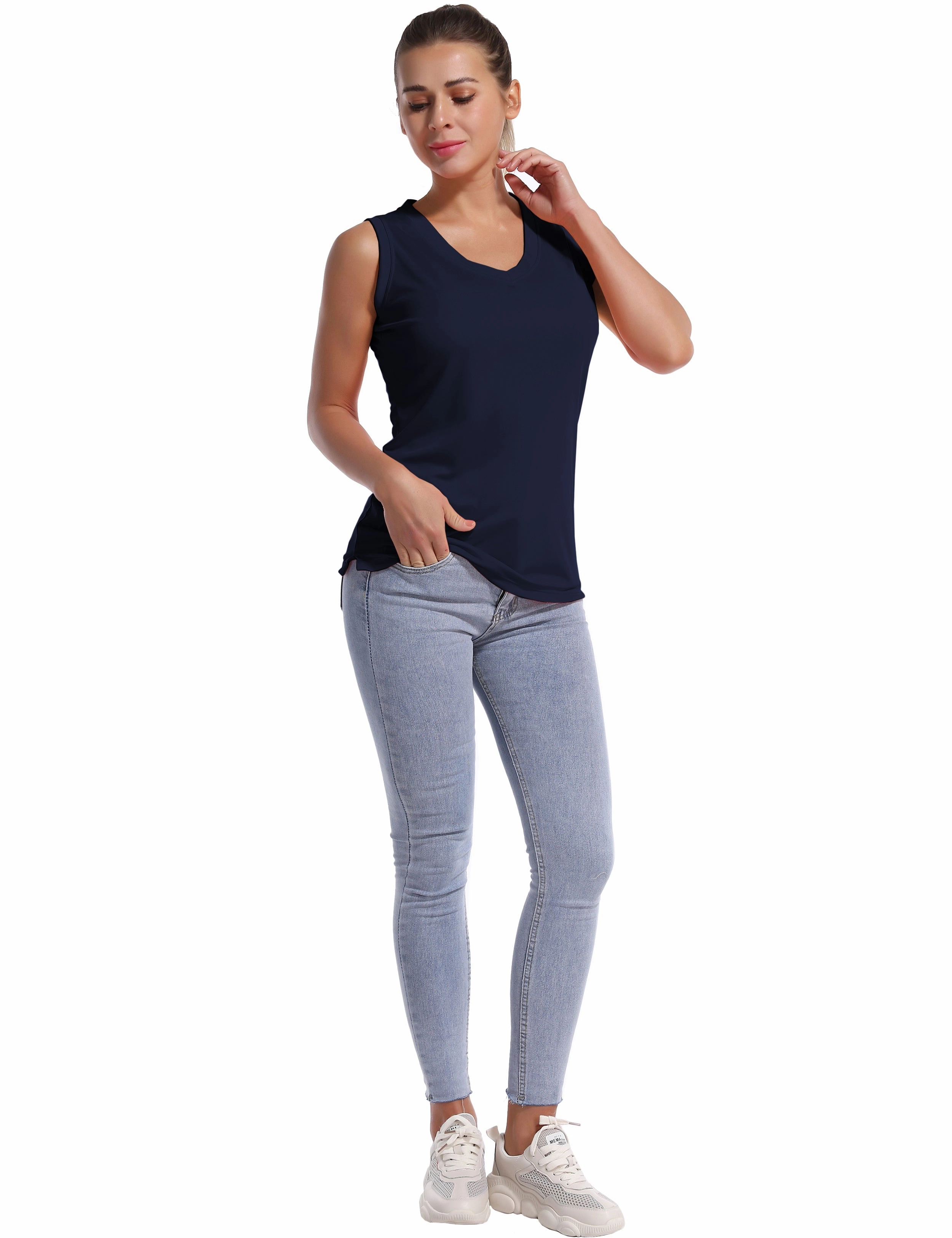 V Neck Sleeveless Athletic Shirts darknavy_Gym
