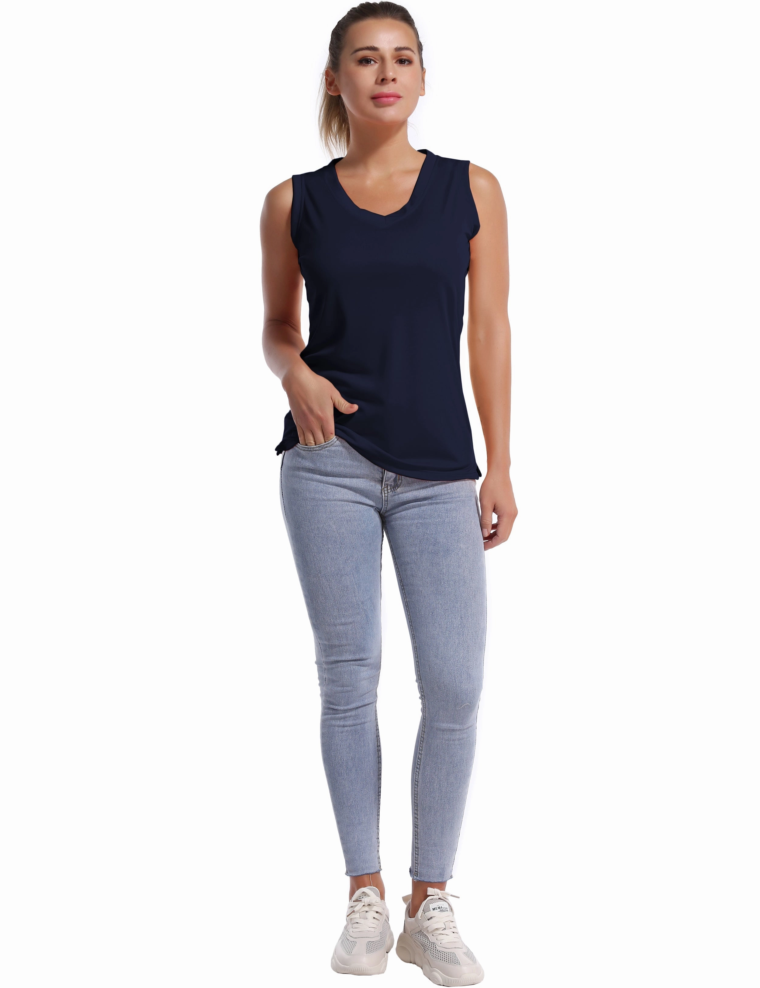V Neck Sleeveless Athletic Shirts darknavy_Plus Size