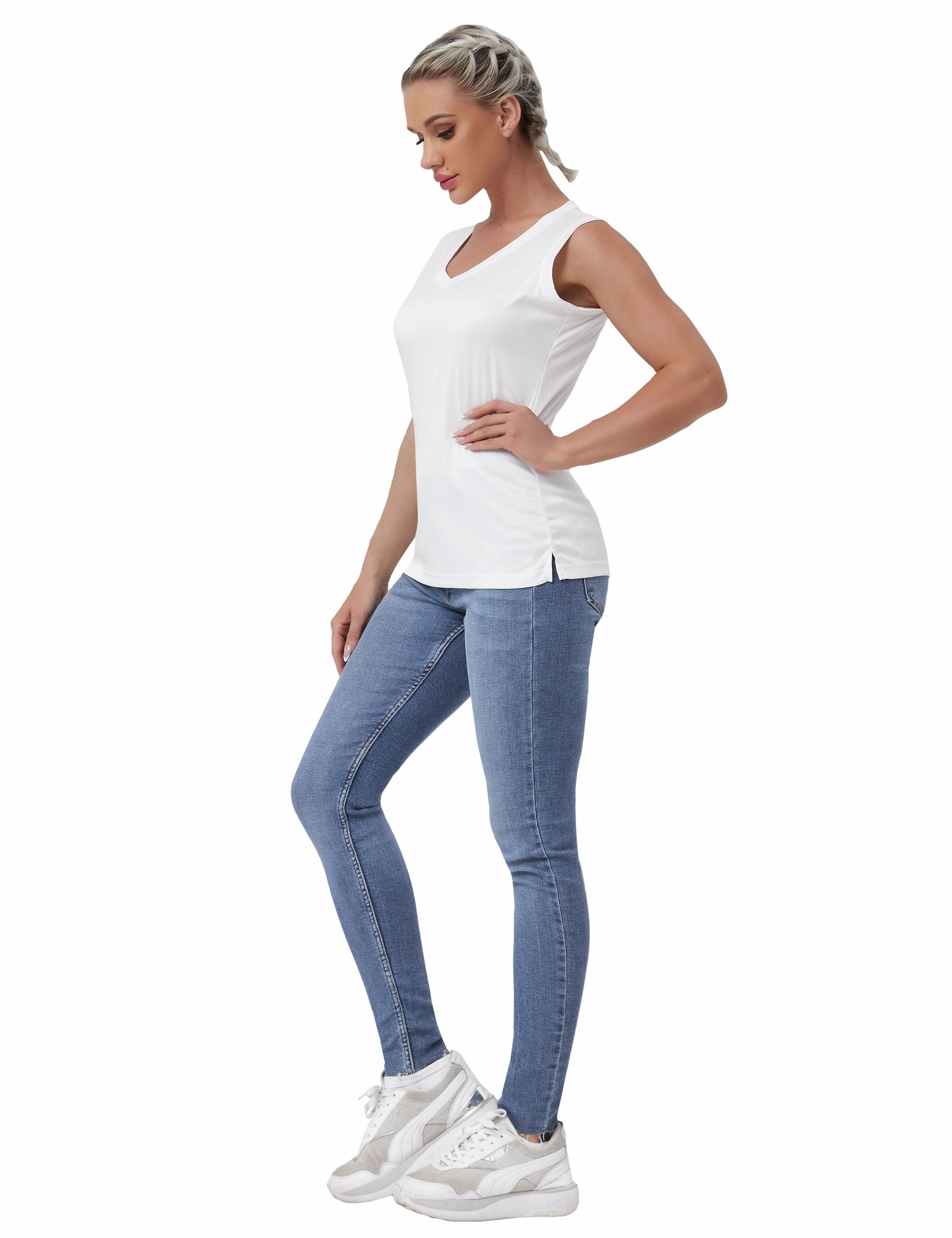 V Neck Sleeveless Athletic Shirts white_Plus Size