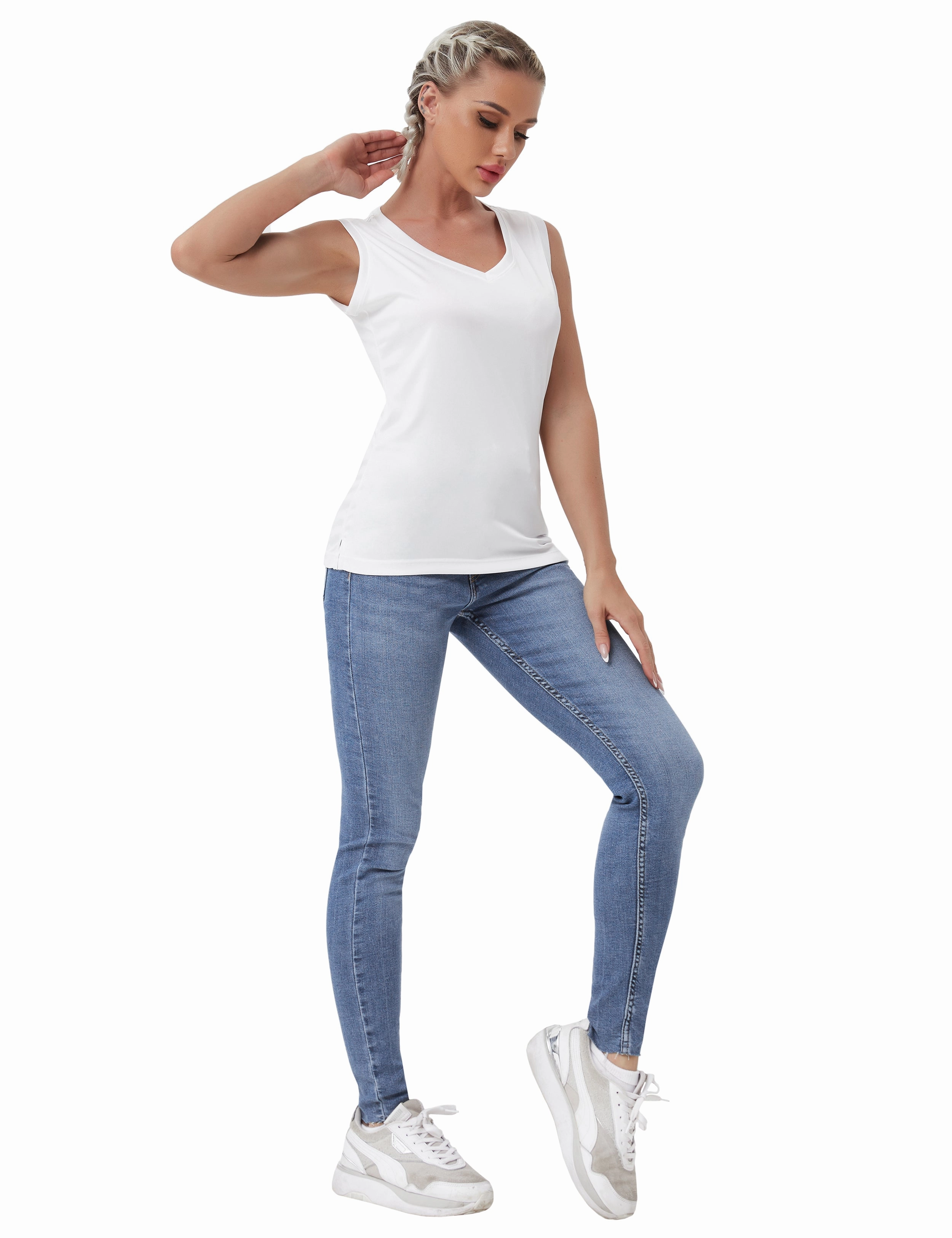 V Neck Sleeveless Athletic Shirts white_Plus Size