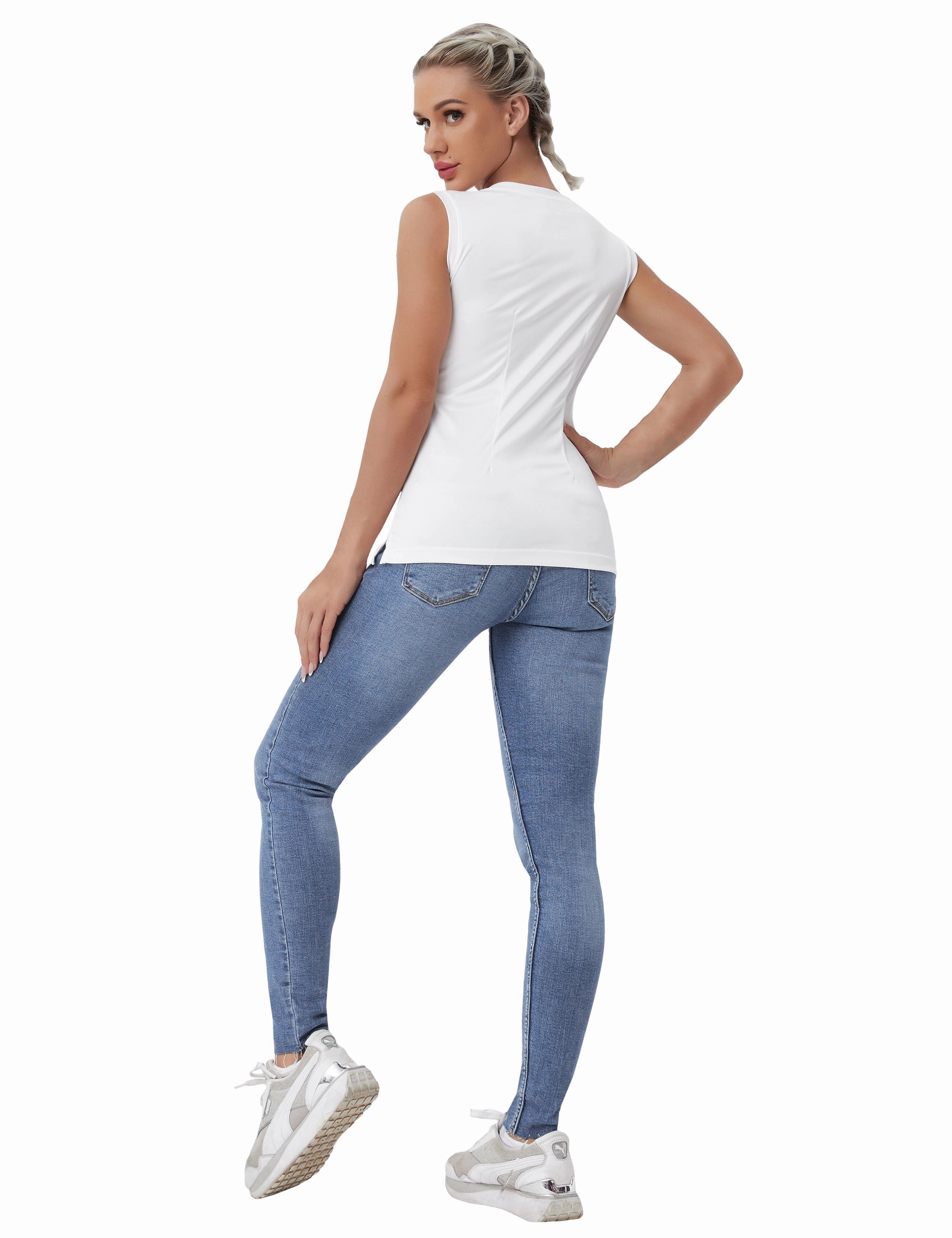 V Neck Sleeveless Athletic Shirts white_Plus Size