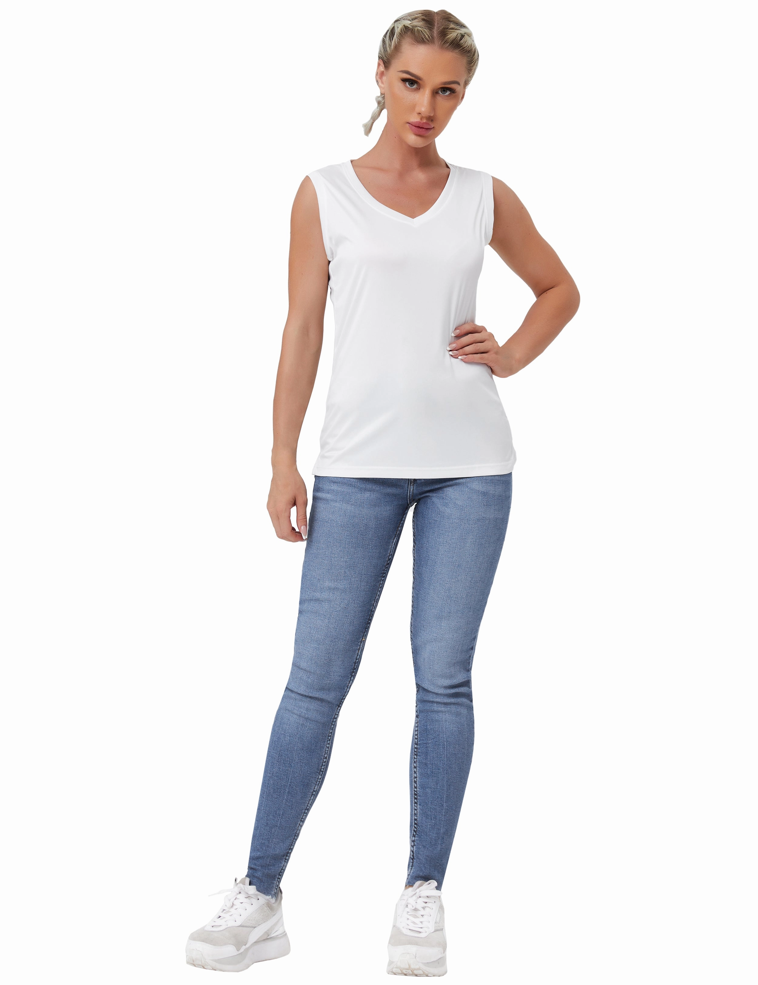 V Neck Sleeveless Athletic Shirts white_Plus Size