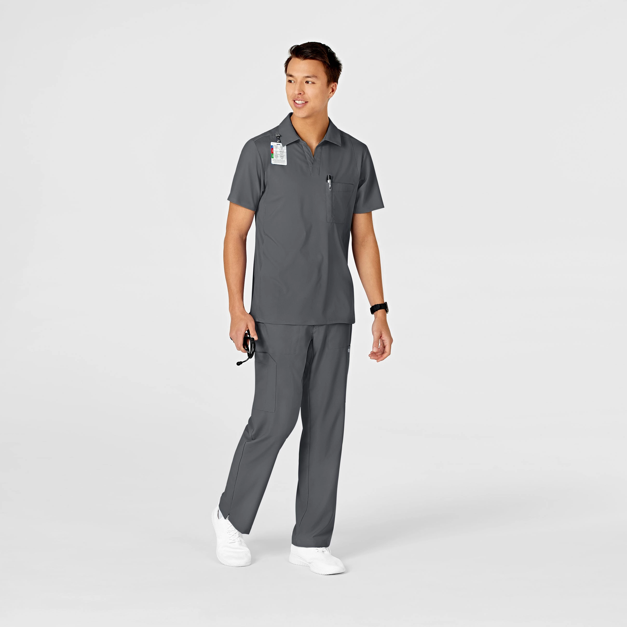 W123 Men's Collar Scrub Top - Pewter