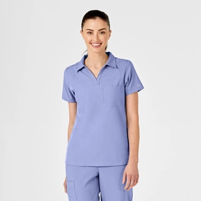 W123 Women's Collar Scrub Top - Ceil Blue