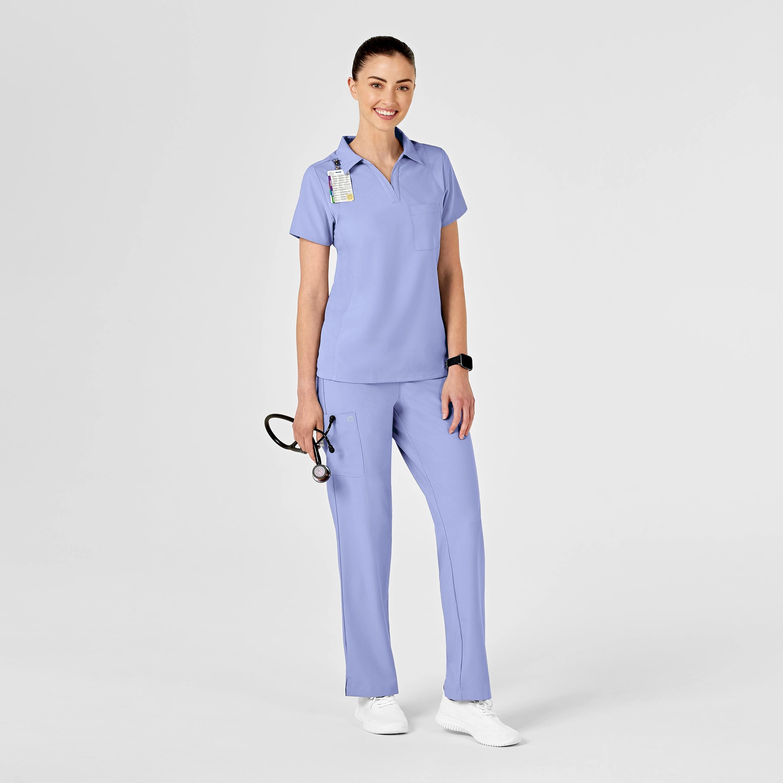 W123 Women's Collar Scrub Top - Ceil Blue