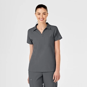 W123 Women's Collar Scrub Top - Pewter
