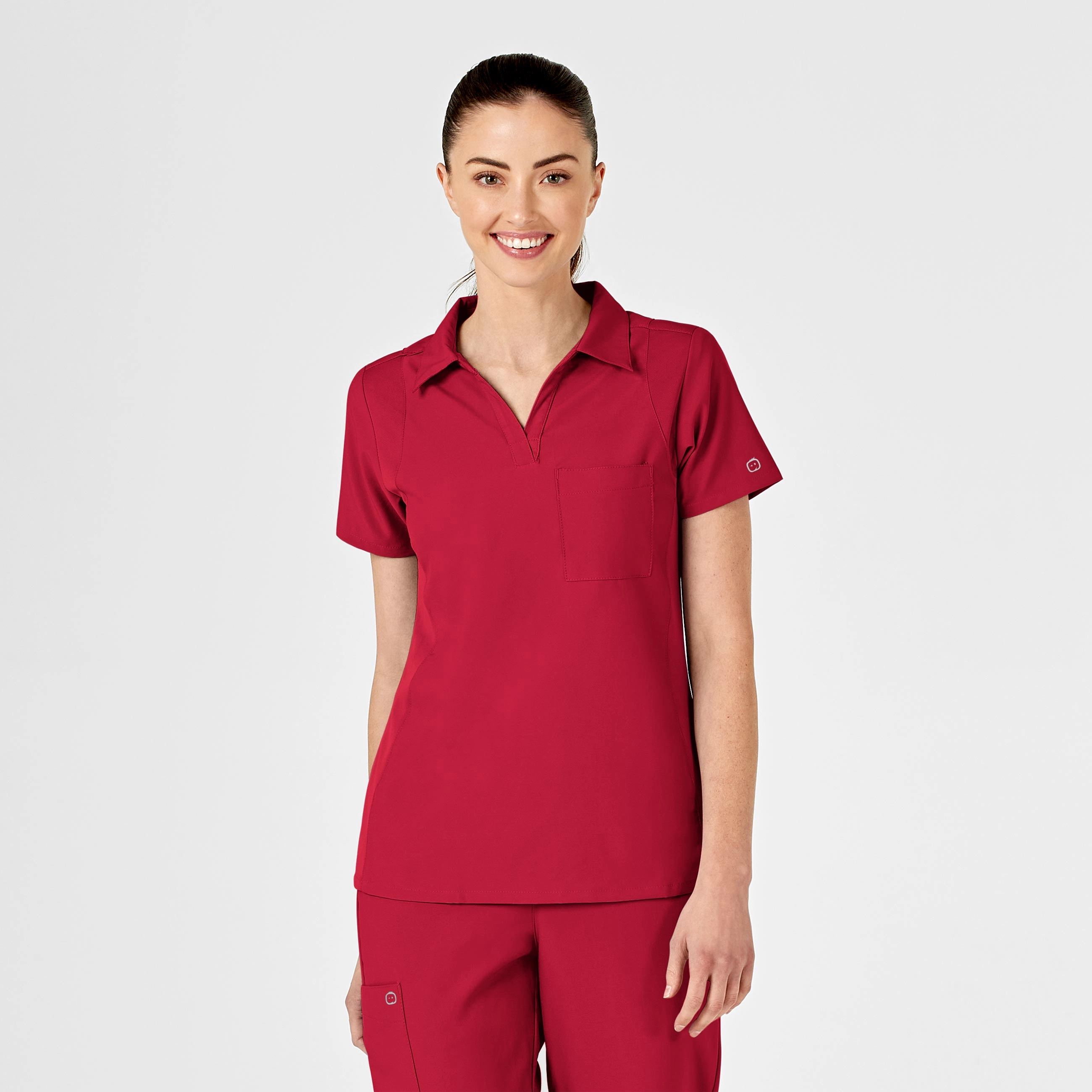 W123 Women's Collar Scrub Top - Red