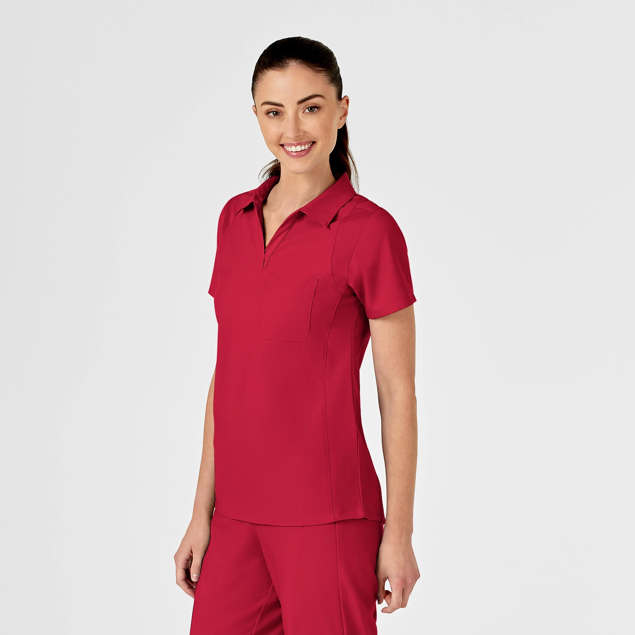 W123 Women's Collar Scrub Top - Red