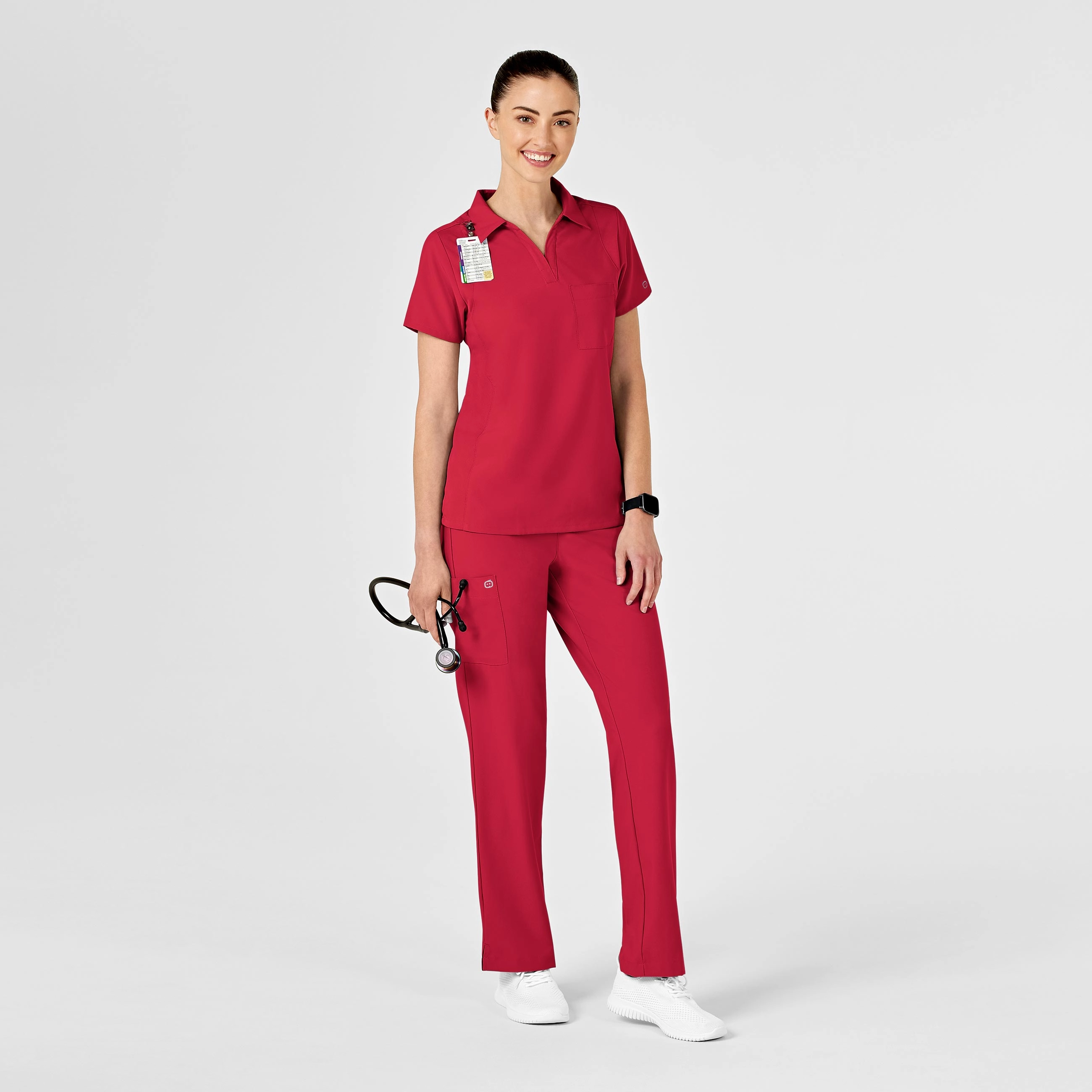 W123 Women's Collar Scrub Top - Red