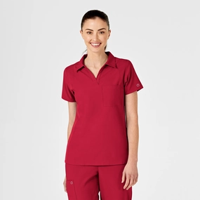 W123 Women's Collar Scrub Top - Red