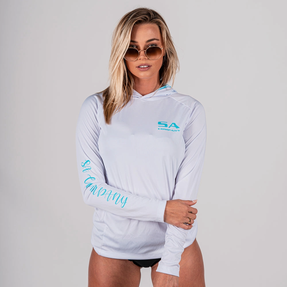 Women's Hooded Performance Long Sleeve Shirt | White | Tidal Waves﻿