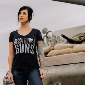 Women's Messy Buns & Guns V-Neck - Black